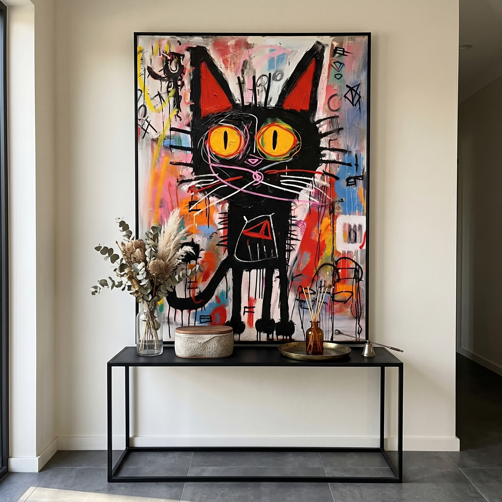 "Neon Street Cat" – Textured Abstract Graffiti Canvas | Vibrant Multicolor & Black Cat Expressionist Artwork | Urban Contemporary Wall Decor #AN 149