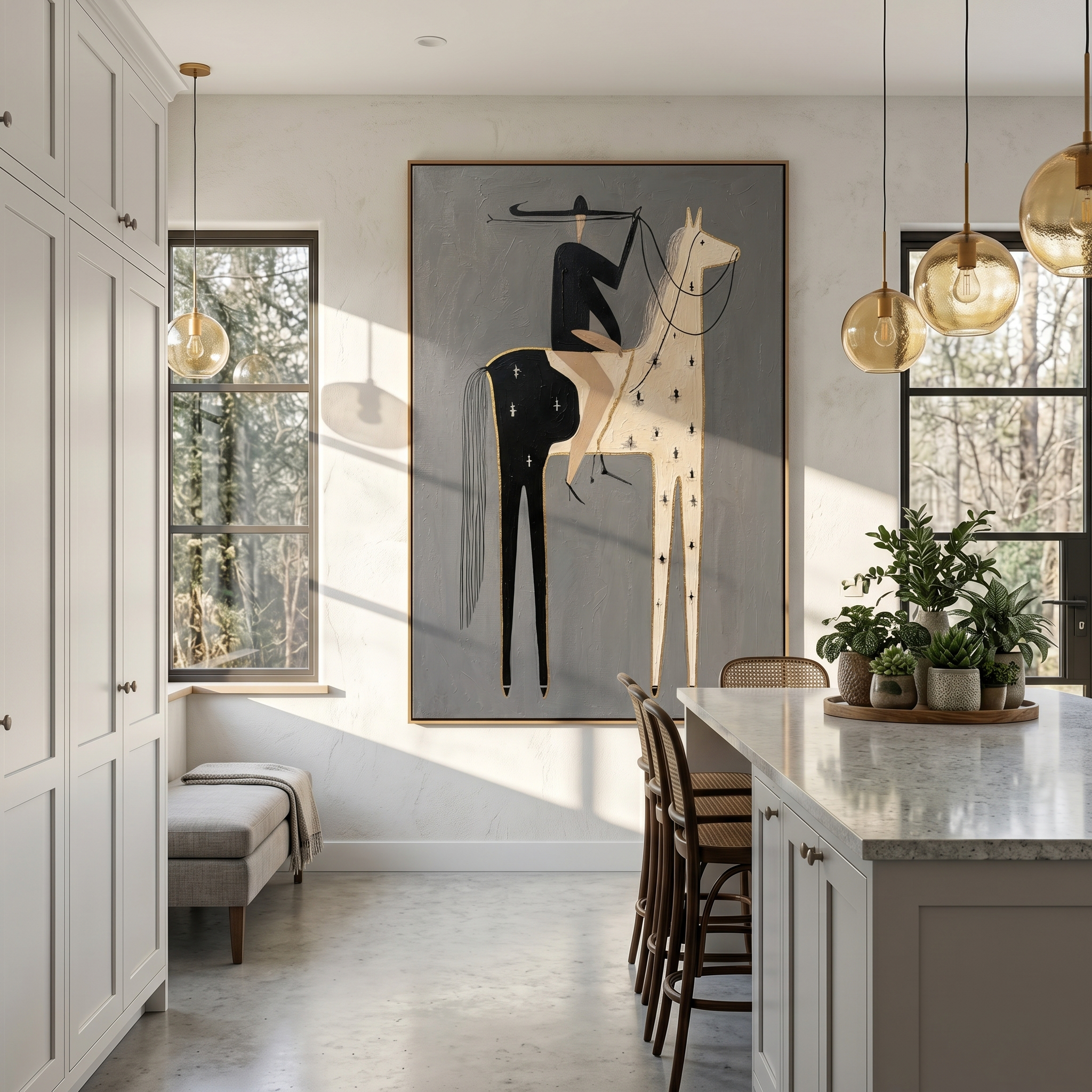 "Gilded Split-Hide Cowboy" – Modern Heavy Impasto Minimal Western Figurative | 3D Ash Gray & Ivory Black with Gold Trim Palette Knife Painting | Luxury Vertical Wall Art #AB 511