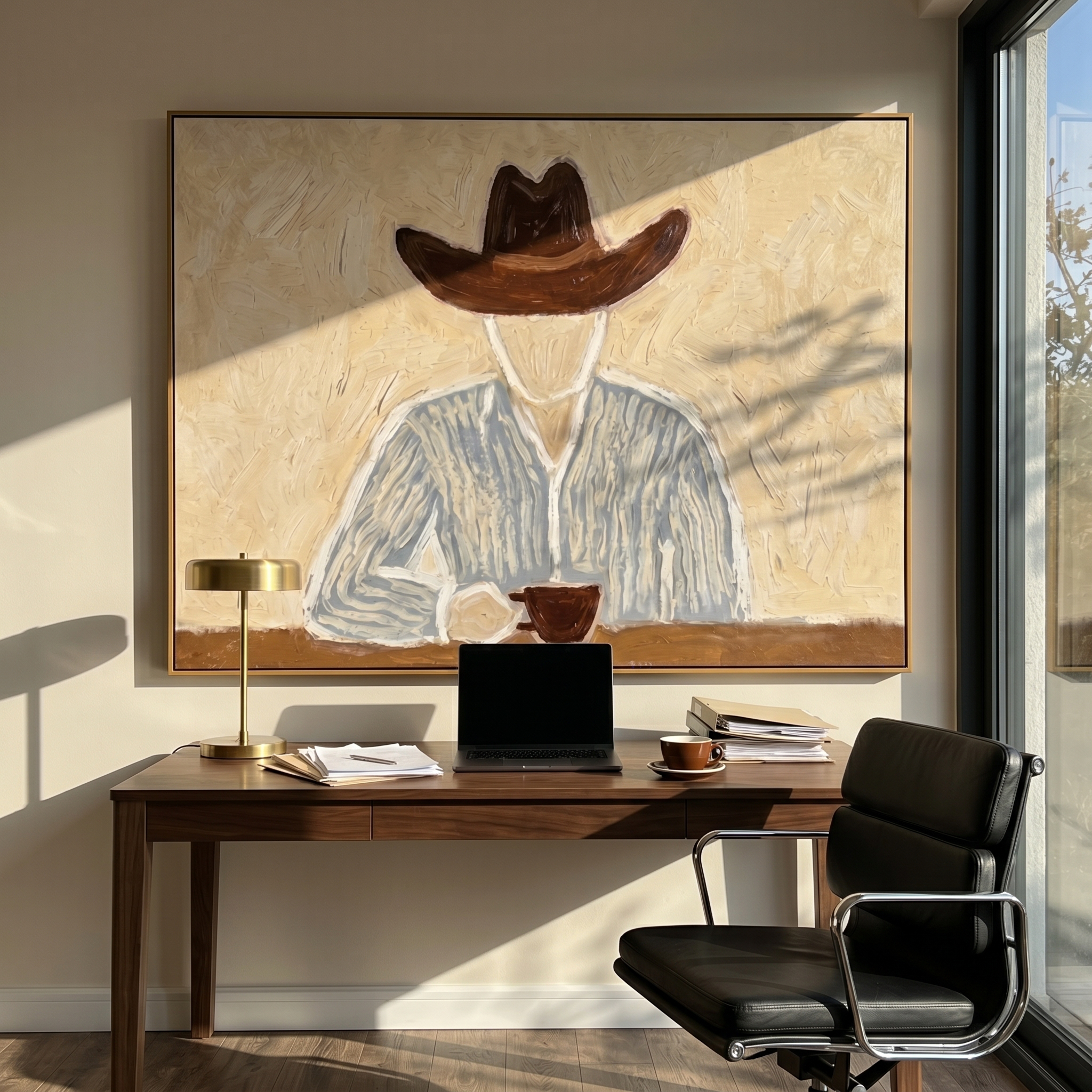 "Cowboy’s Quiet Coffee Break" – Modern Heavy Impasto Minimal Western Figurative | 3D Warm Cream & Slate Blue Palette Knife Painting | Luxury Horizontal Wall Art #PE 523