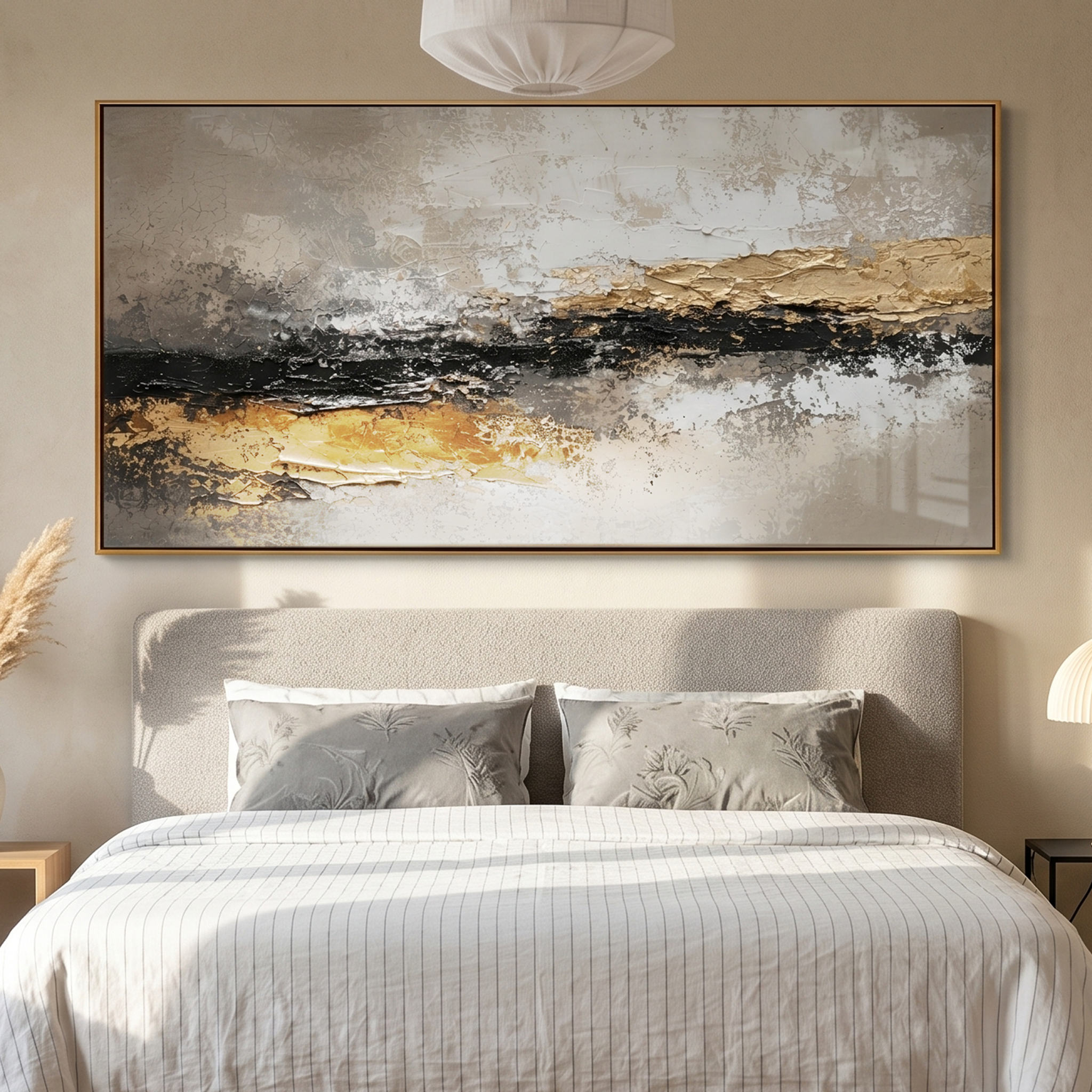 "Tectonic Rift" – Luxury 3D Sculptural Gold Foil Relief | Modern Wabi-Sabi Gray Texture Horizontal Art #WS 240