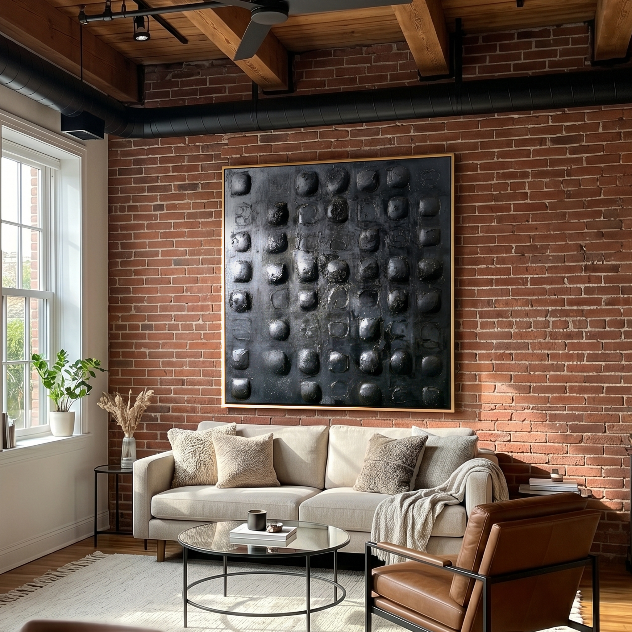"Obsidian Pulse" – Dark Minimalist 3D Matrix Relief | Hand-Textured Carbon-Black Abstract Painting for Luxury Interiors #WS 233