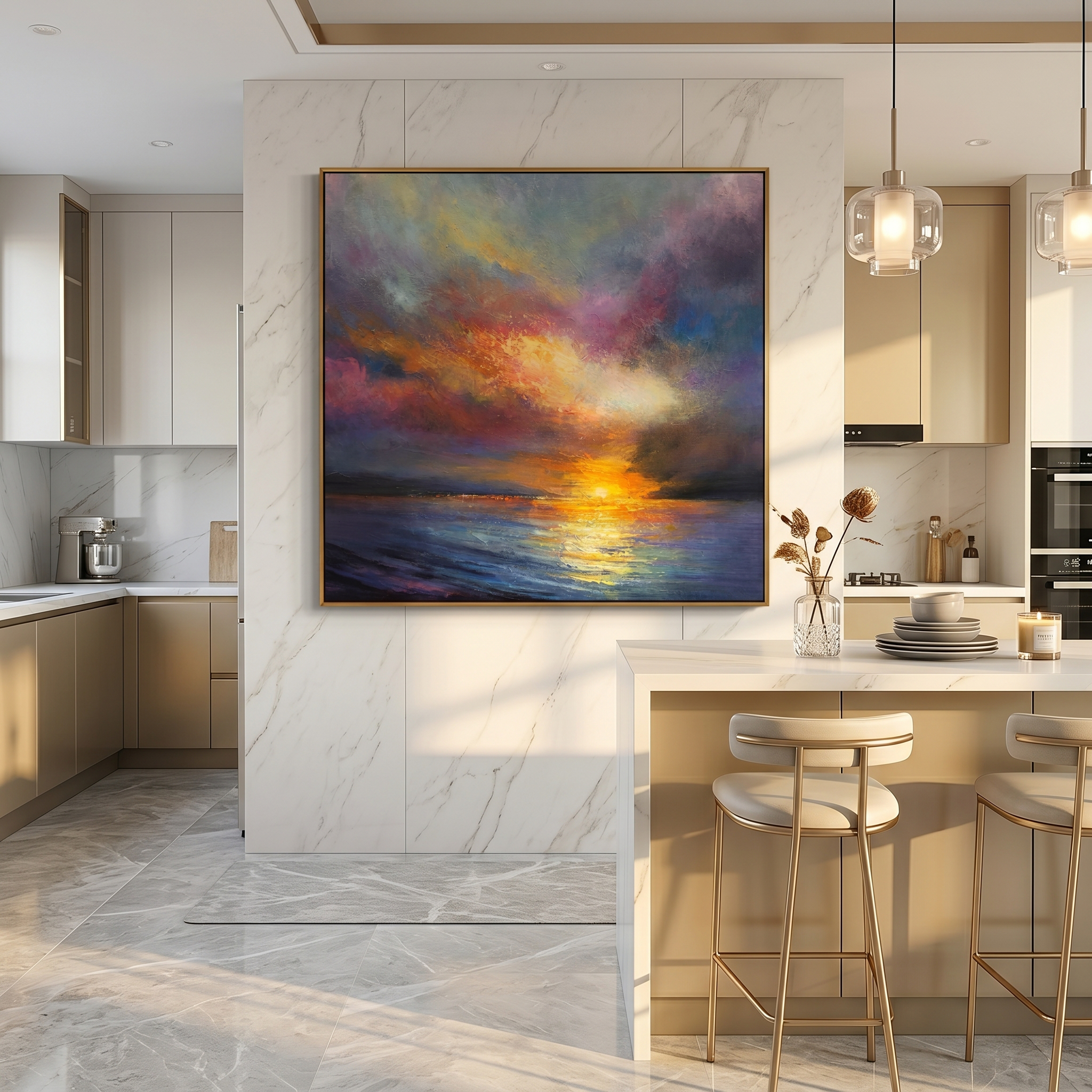 "Aria of Light" – Modern Statement Sunset Seascape Impasto | Bold Purple & Gold Luxury Textured Art #BE064