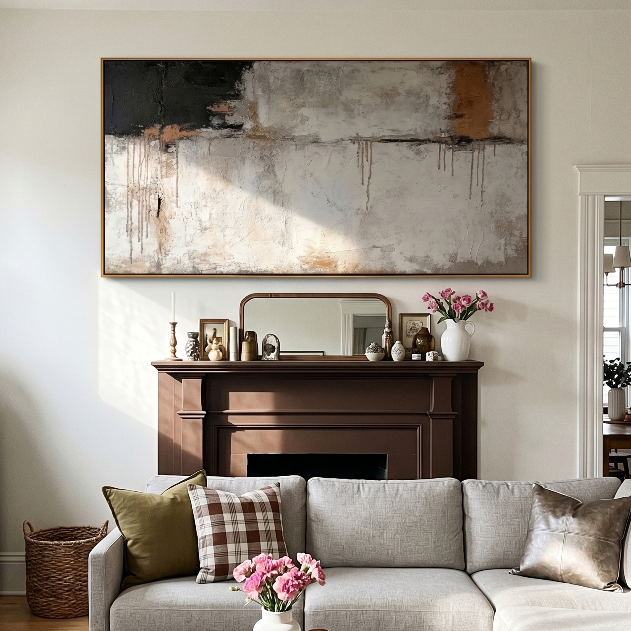 "Echo of the Plains" – Modern Industrial Heavy Impasto Abstract | Minimalist Wabi-Sabi Black & Gray Horizontal Art #WS 238