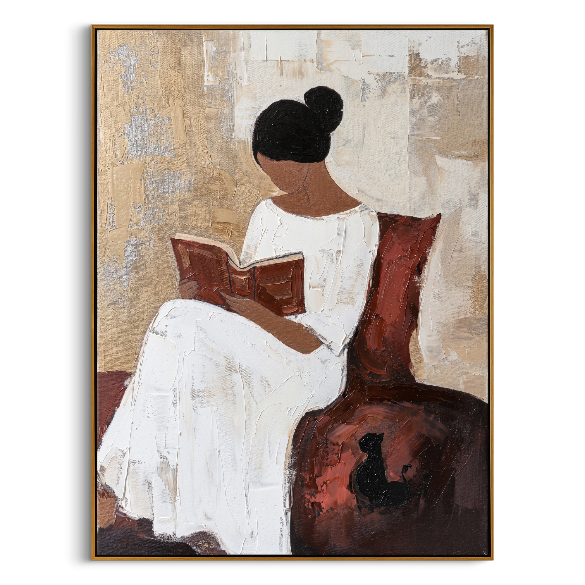 "Serene Reader's Moment" – Textured Abstract Portrait Art | Beige, White & Deep Red Woman with Book Painting | Contemporary Wall Decor #PE 500