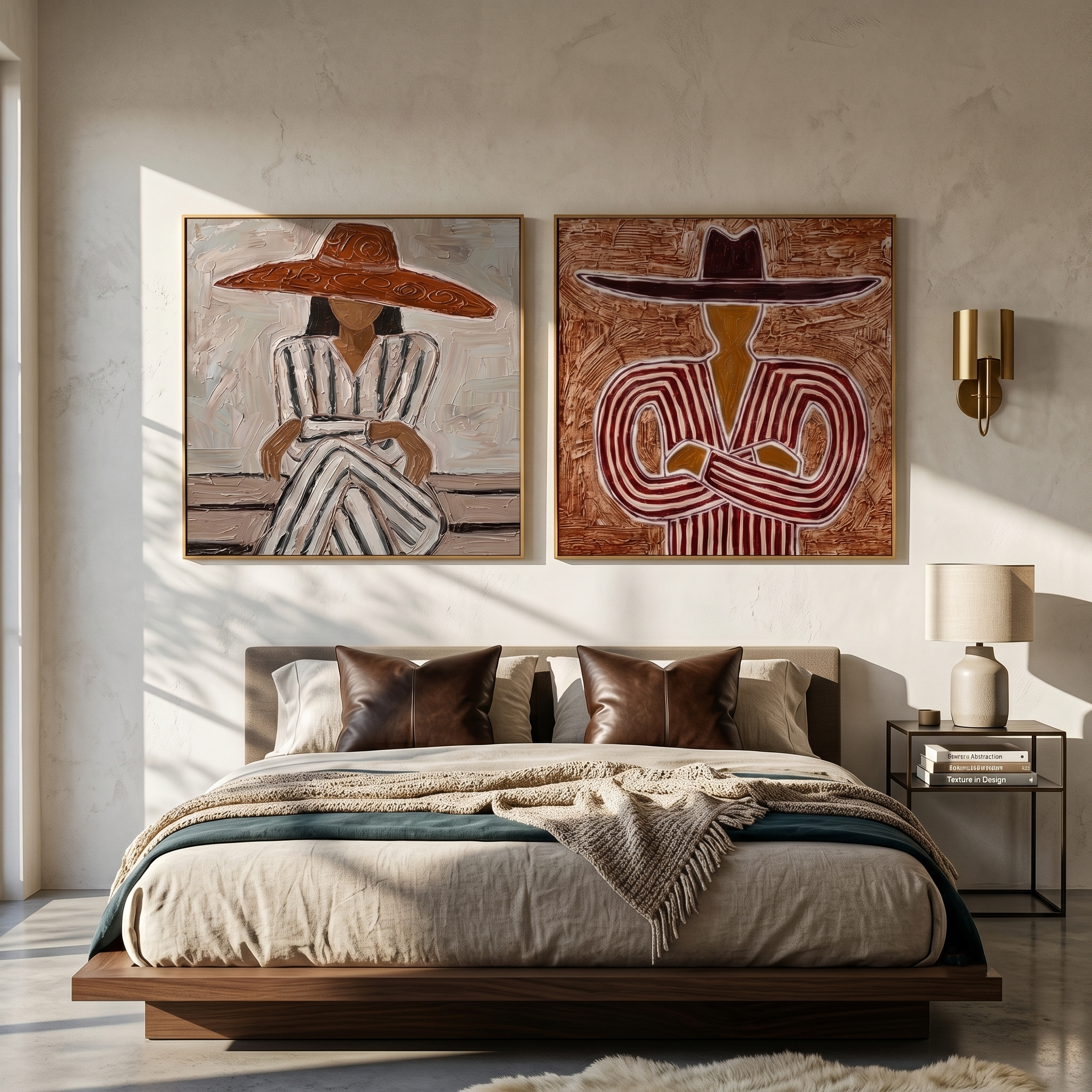 "Striped Hat Couple Diptych" – Modern Heavy Impasto Stylized Figurative | 3D Terracotta Russet & Muted Taupe Palette Knife Painting | Luxury Two-Panel Square Wall Art Set #PE 528