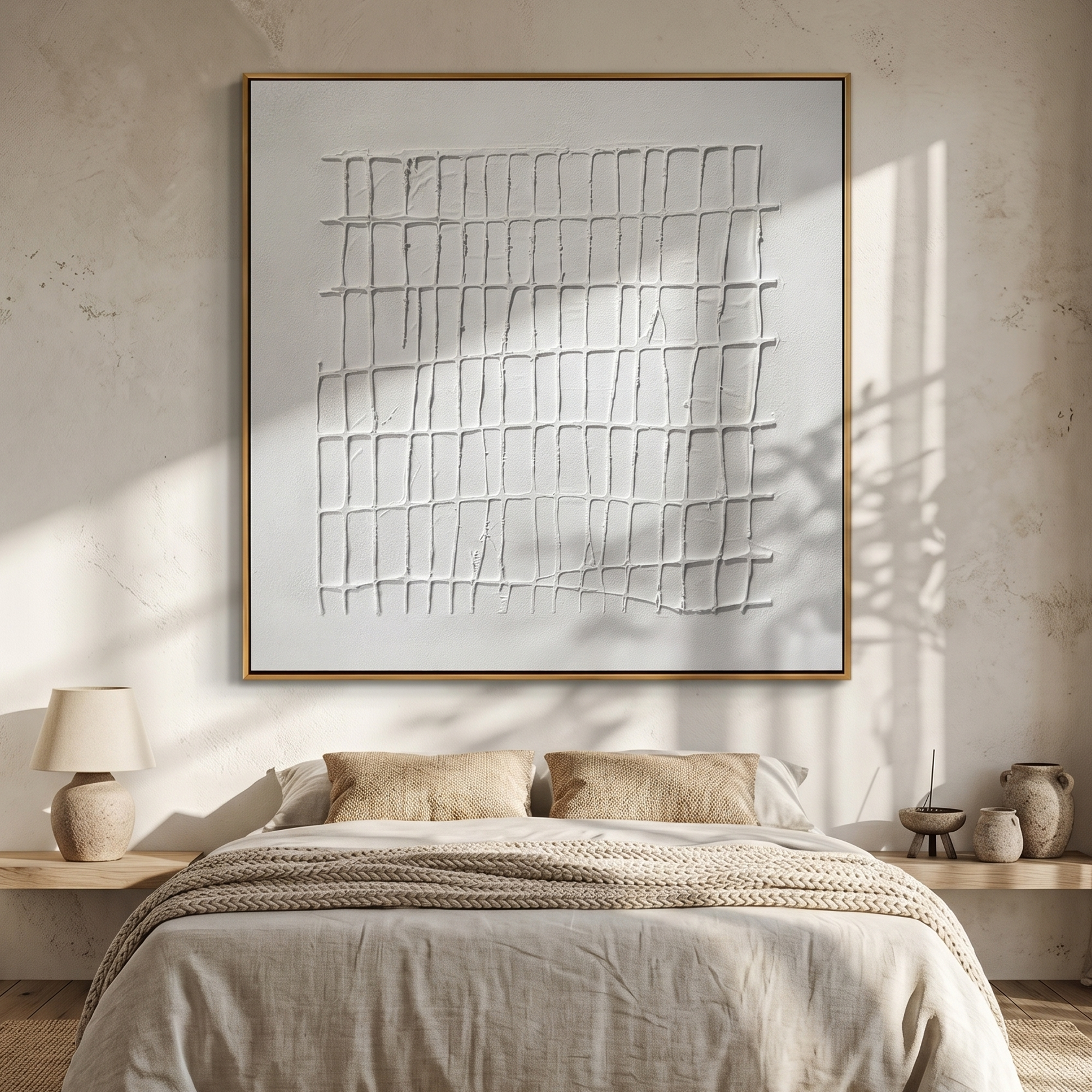 "The Lattice of Mind" – Modern Geometric Hand-Textured Relief | 3D Linear Minimalist Painting for High-End Interiors #MI187