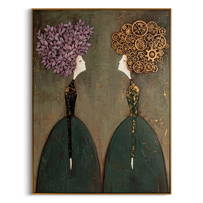 "Floral & Gear Dialogue" – Textured Abstract Portrait Art | Deep Green & Purple Steampunk Women Painting | Contemporary Vertical Wall Decor #PE 499