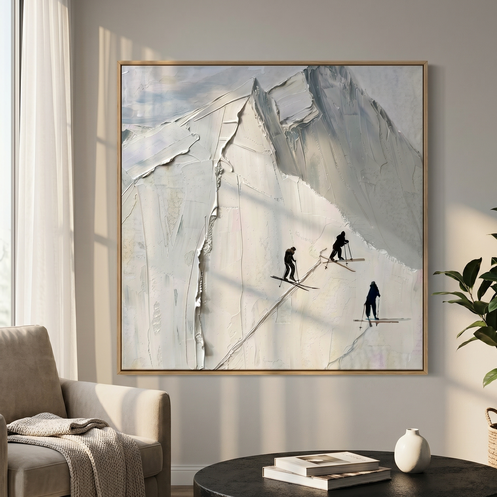 "Summit Trails" – Minimalist Snow Mountain Heavy Impasto | Hand-Textured 3D Skiing Art | Contemporary Alpine Wall Decor #PT538