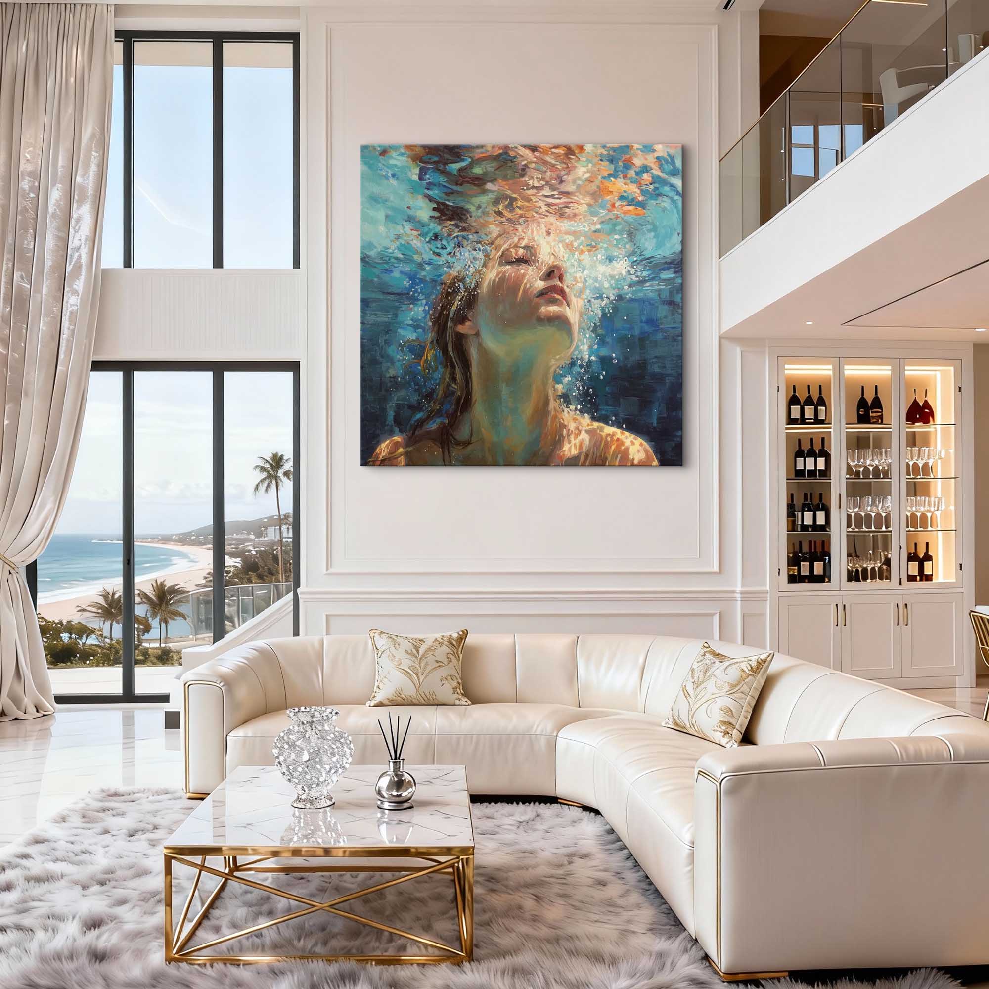 "Deep Blue Breath" – Impressionist Underwater Woman Oil Painting | Serene Light & Shadow Figurative Wall Art#PE369