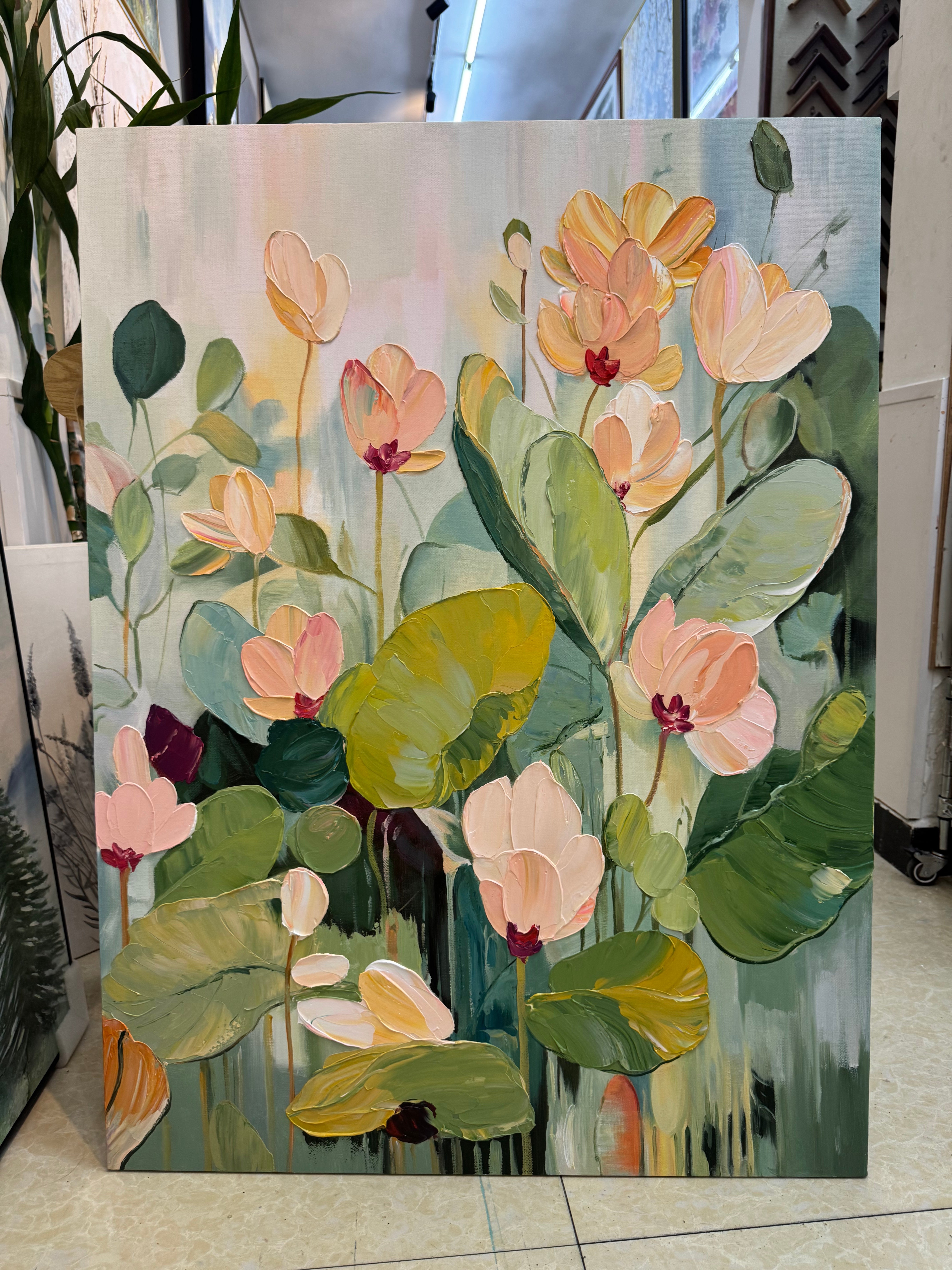 "Ethereal Growth" – Sage Green Impasto Floral Oil Painting | Modern Cream Style Textured Wall Art #FL293