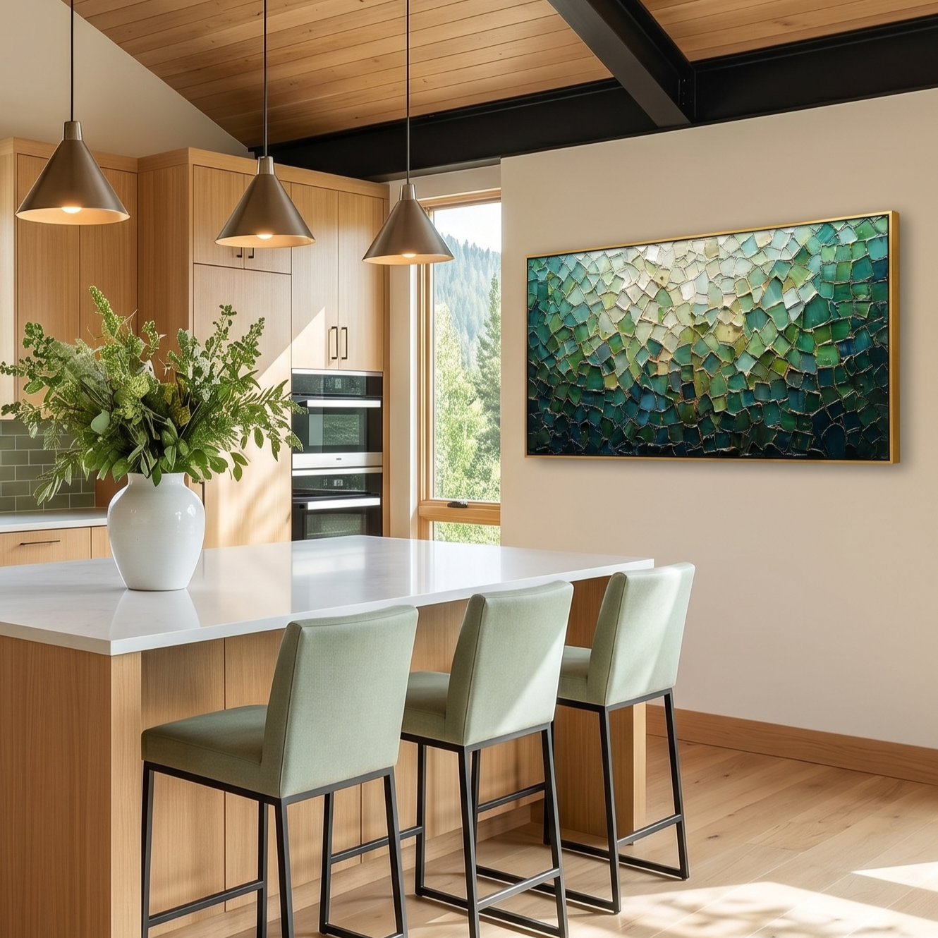 "Emerald Wilderness & Flowing Gold" – Hand-Painted Palette Knife Impasto Oil Painting | 3D Mosaic Geometric Greenery Modern Light Luxury Living Room Wall Art#PT 379