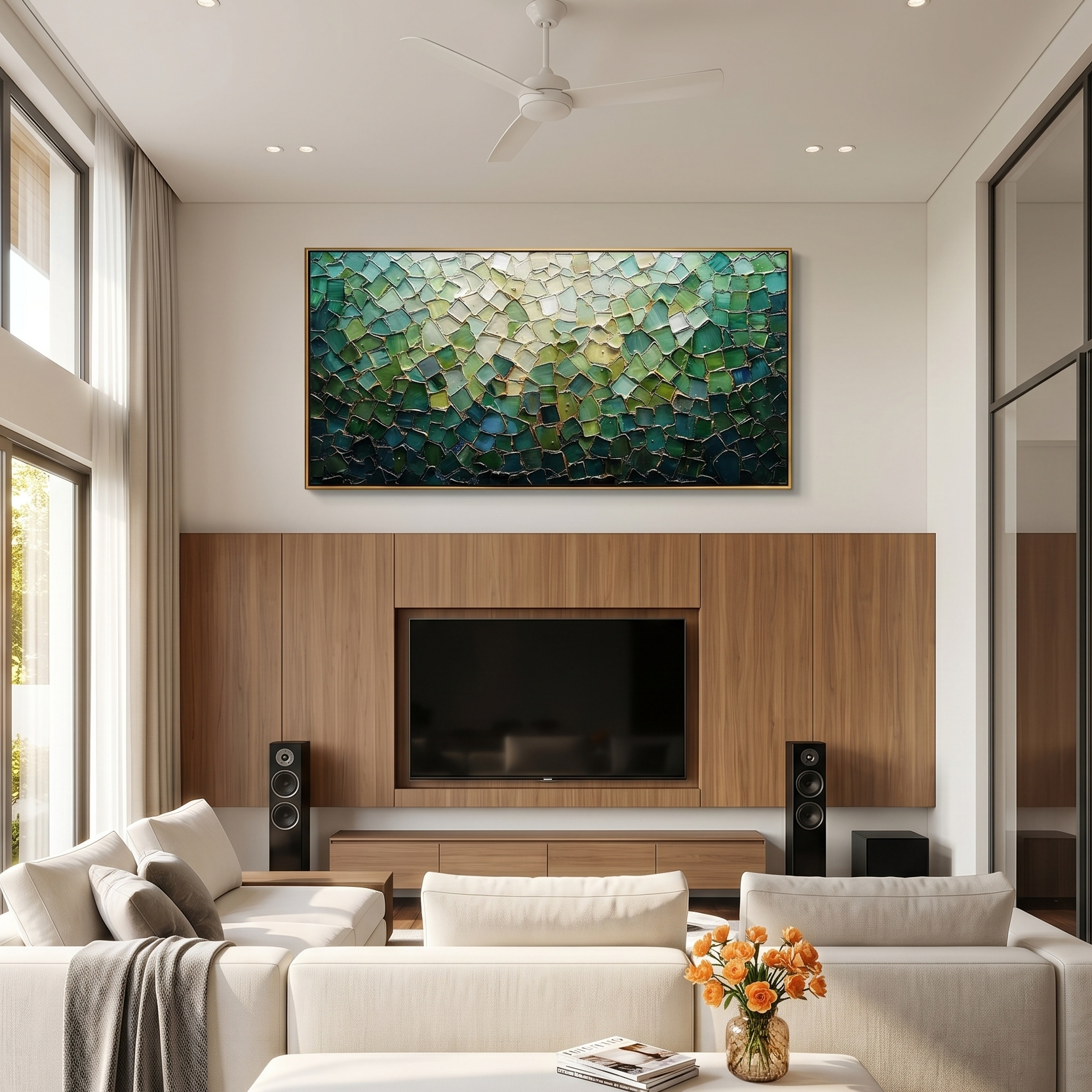 "Emerald Wilderness & Flowing Gold" – Hand-Painted Palette Knife Impasto Oil Painting | 3D Mosaic Geometric Greenery Modern Light Luxury Living Room Wall Art#PT 379