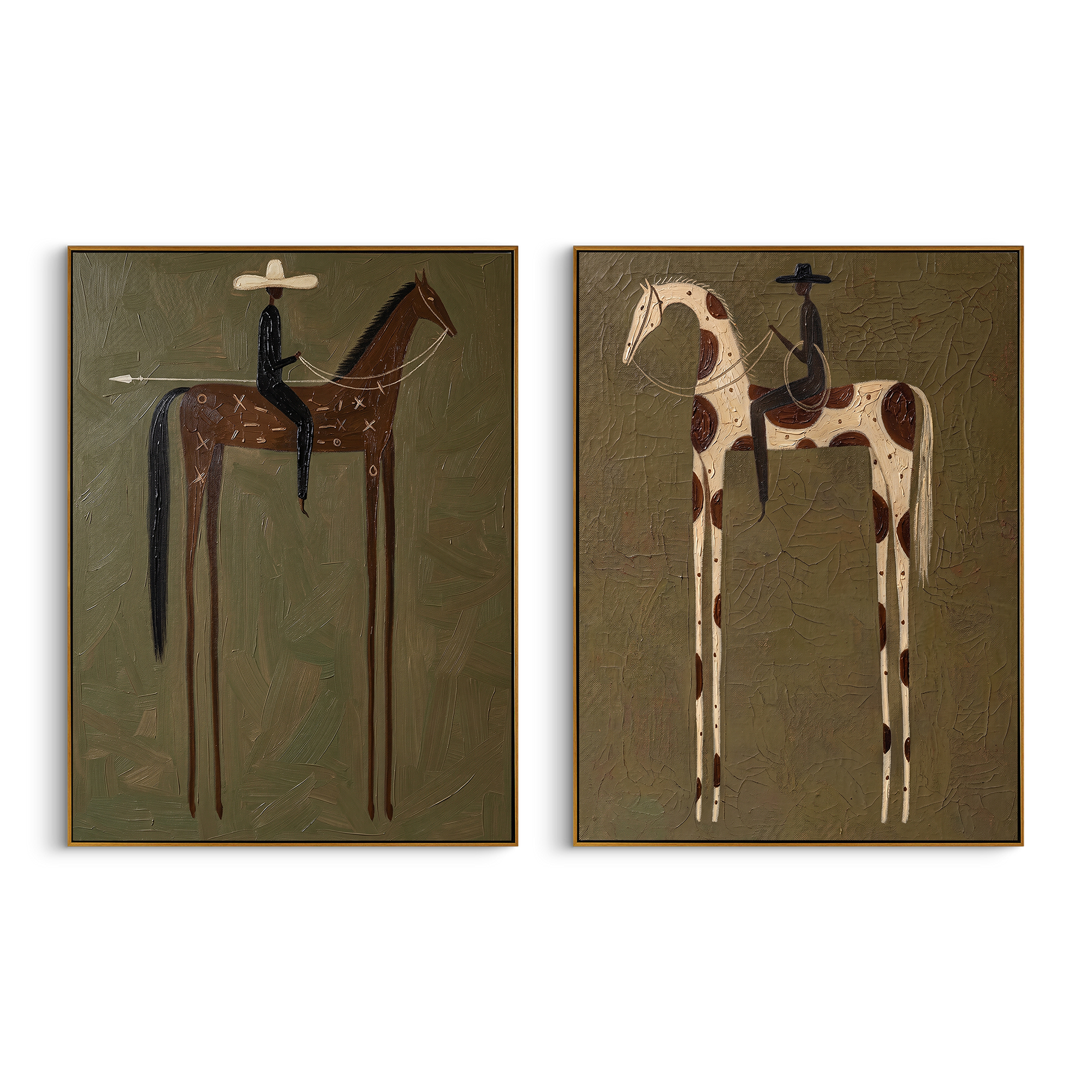 "Dual Long-Legged Cowboy Wanderers Diptych" – Modern Heavy Impasto Primitive Western Figurative | 3D Muted Olive & Rust Umber Palette Knife Painting | Luxury Two-Panel Vertical Wall Art Set #AB 521