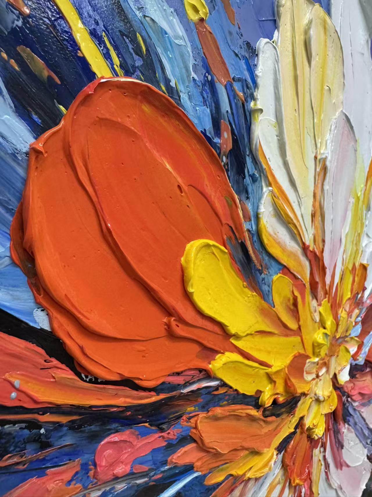 "Supernova Bloom" – Radiant Heavy Impasto Abstract Floral Oil Painting | Bold Dynamic 3D Texture Wall Art #FL292