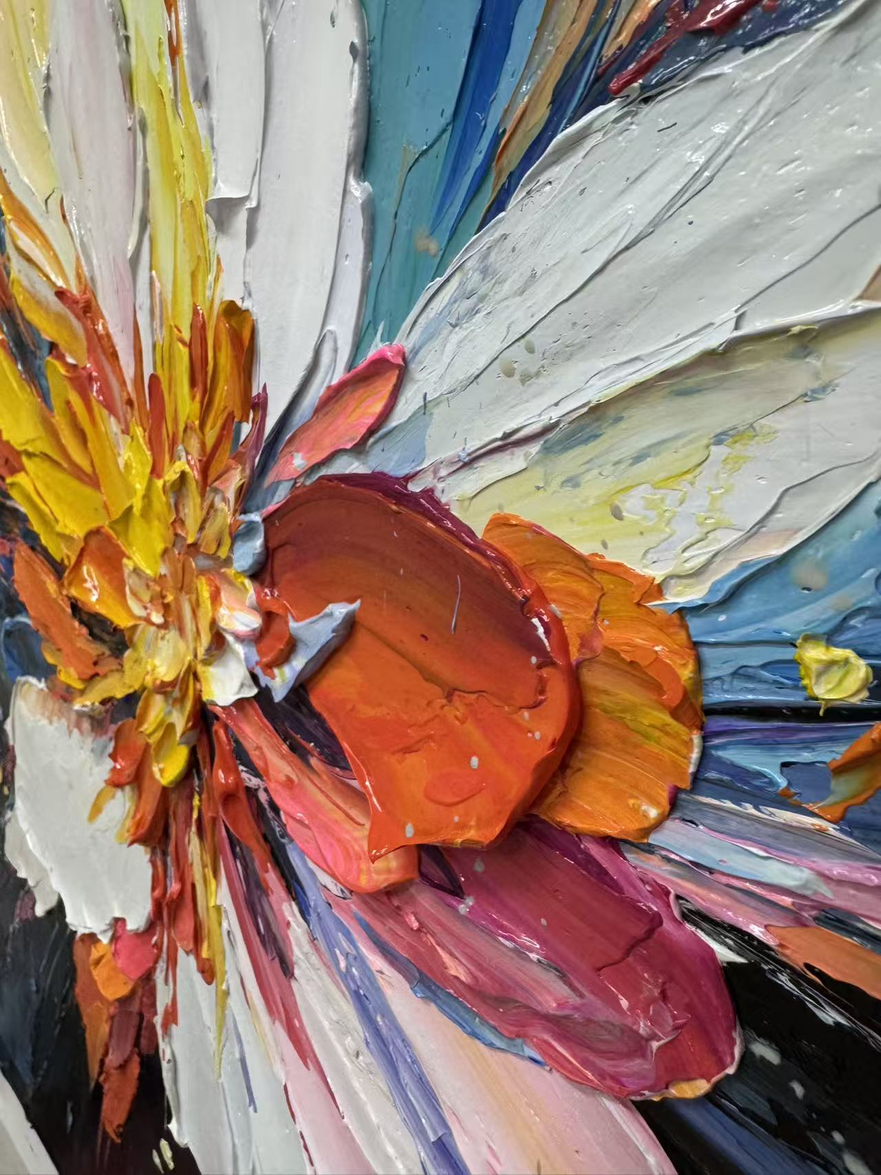 "Supernova Bloom" – Radiant Heavy Impasto Abstract Floral Oil Painting | Bold Dynamic 3D Texture Wall Art #FL292