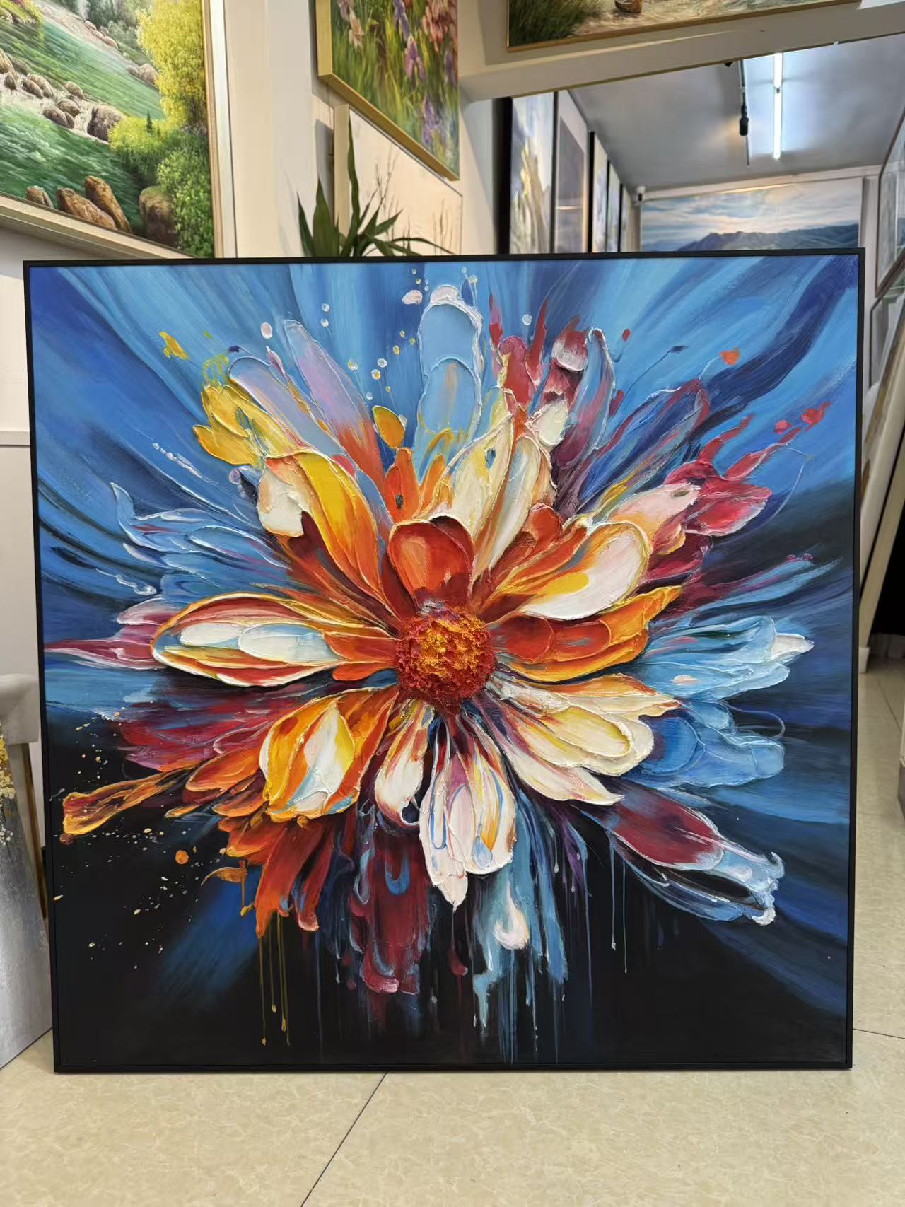 "Ignited Bloom" – Radiant Heavy Impasto Abstract Floral Oil Painting | Bold Dynamic 3D Texture Wall Art #FL302