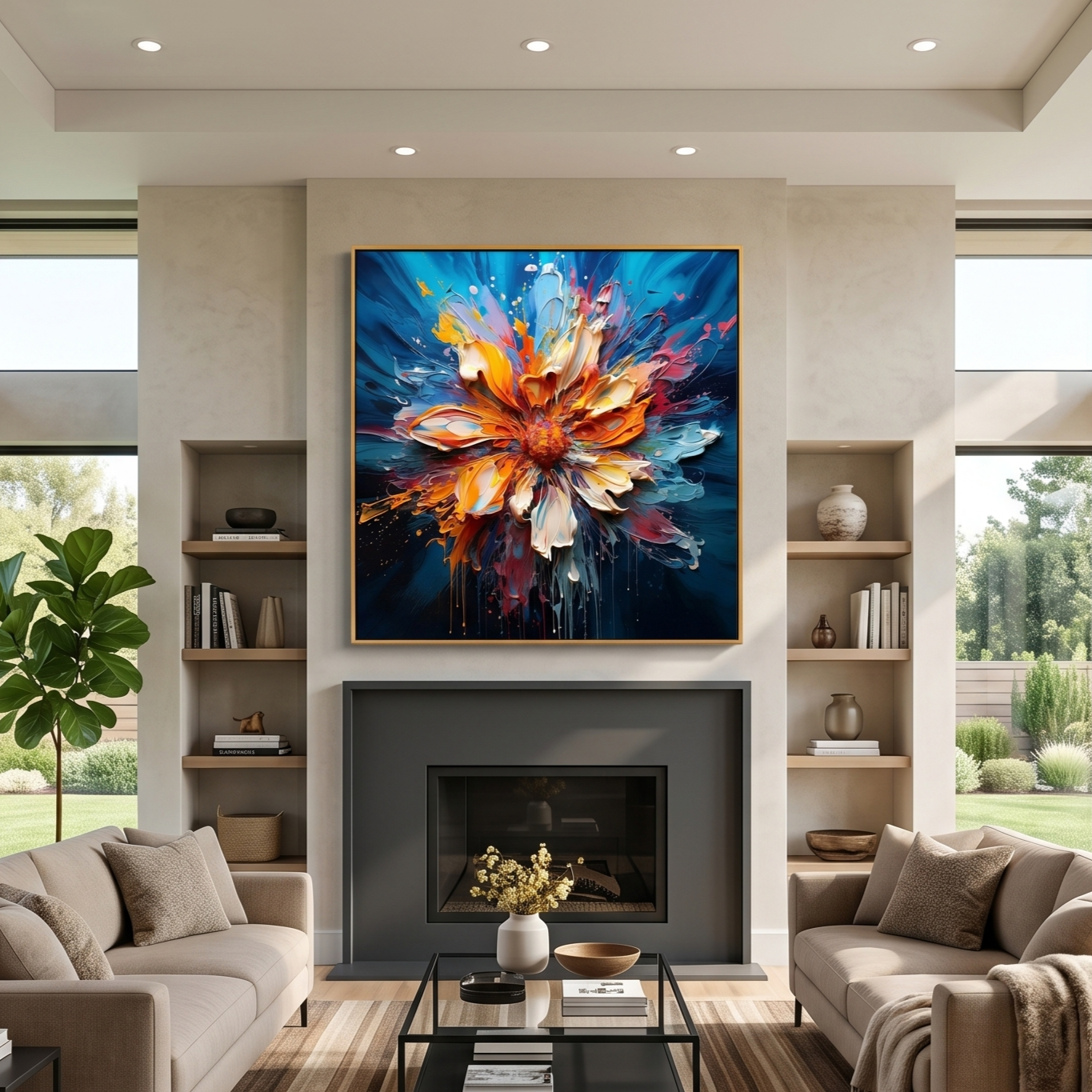 "Ignited Bloom" – Radiant Heavy Impasto Abstract Floral Oil Painting | Bold Dynamic 3D Texture Wall Art #FL302