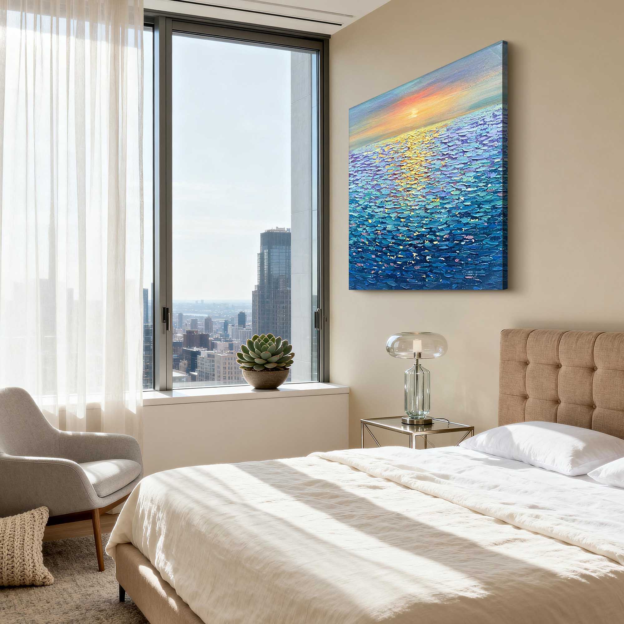 "Golden Ripples" – Impressionist Sunset Seascape Impasto Painting | Modern Healing Style Blue Ocean Wall Art#BE037