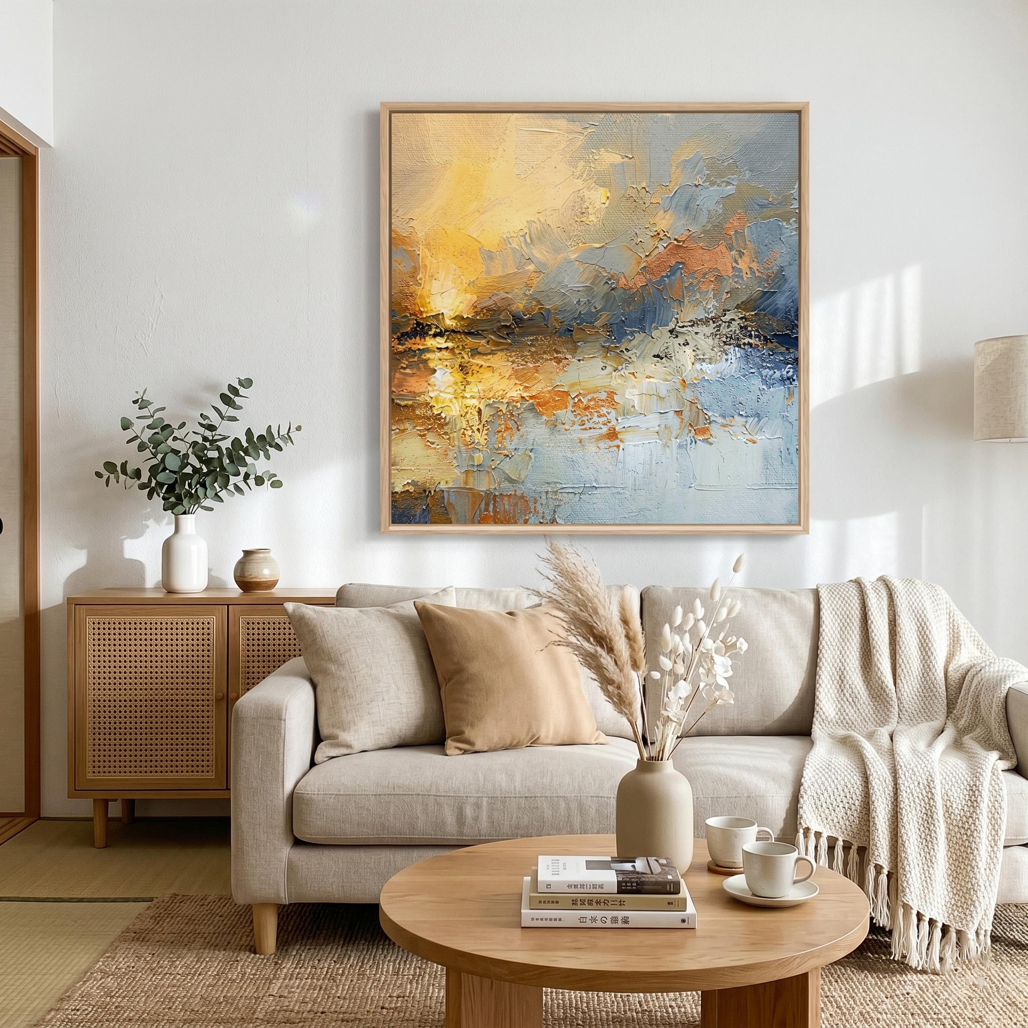 "Ethereal Dawn" – Modern Impressionist Sunrise Abstract | Bold Amber Gold & Mist Blue Gallery Wall Art #AB1022