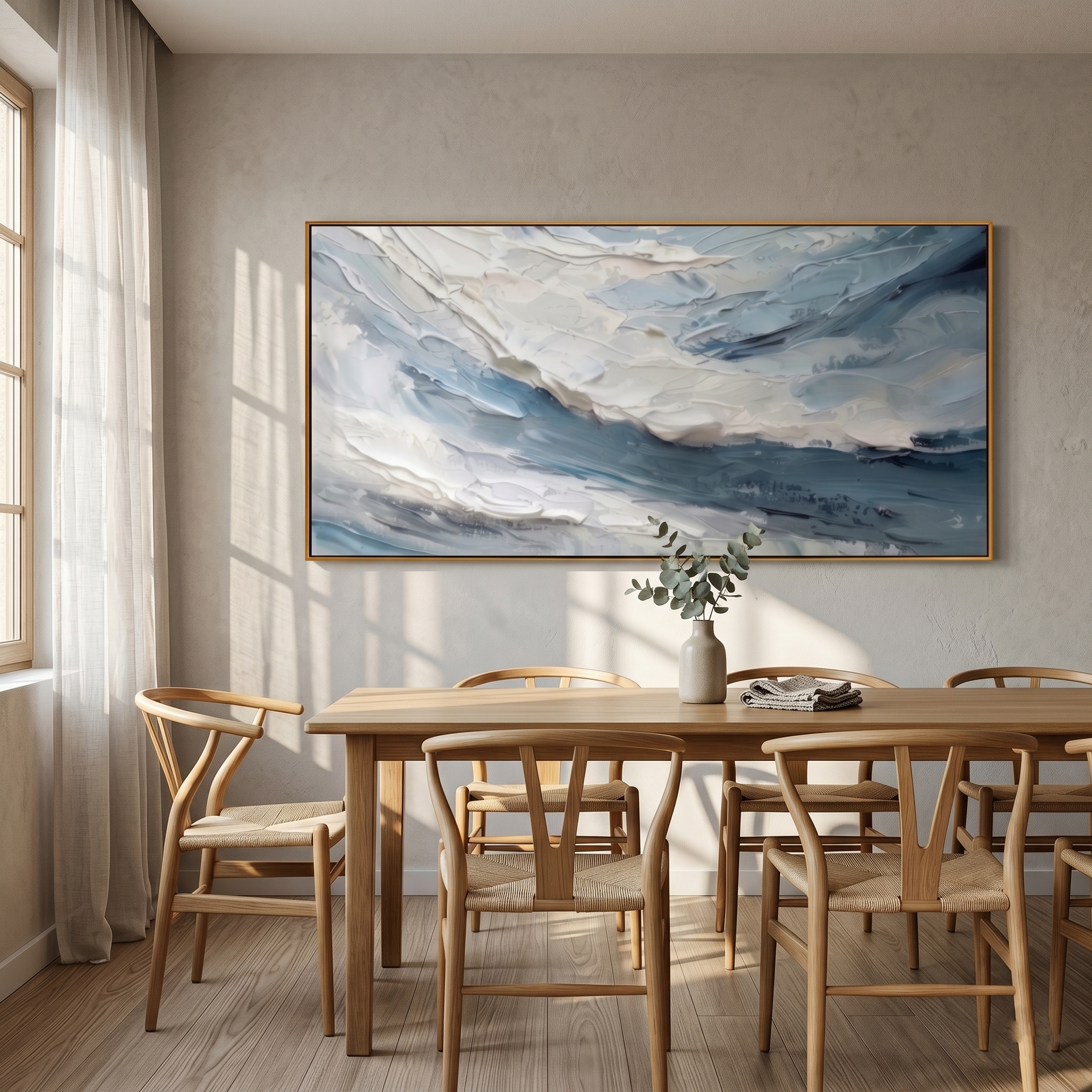 "Frozen Tide" – 3D Sculptural Heavy Impasto Wave | Modern Minimalist Blue & White Horizontal Gallery Art #PT 544