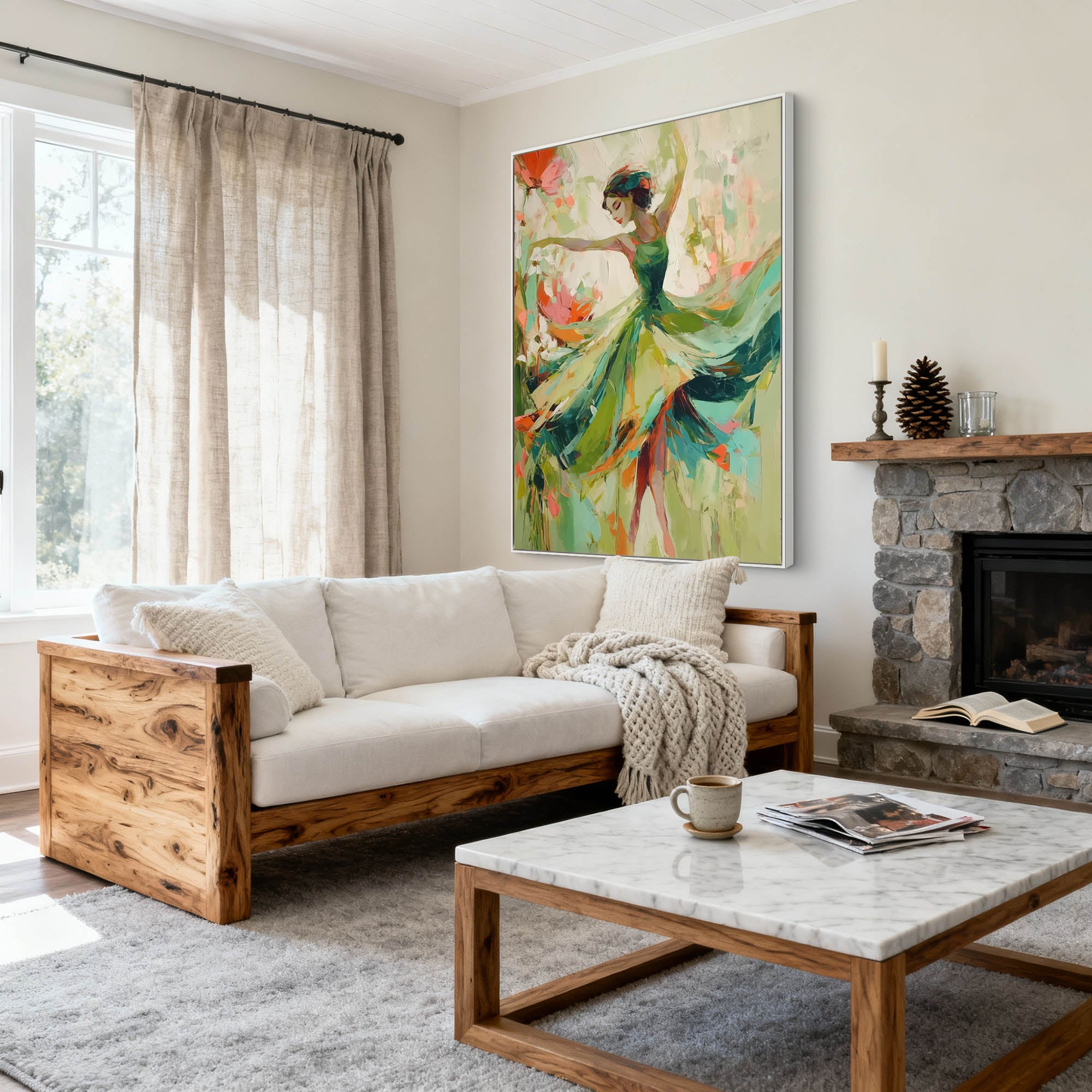 "Emerald Rhythm" – Modern Expressive Dancer Oil Painting | Sage Green & Floral Palette Textured Wall Art #PE461