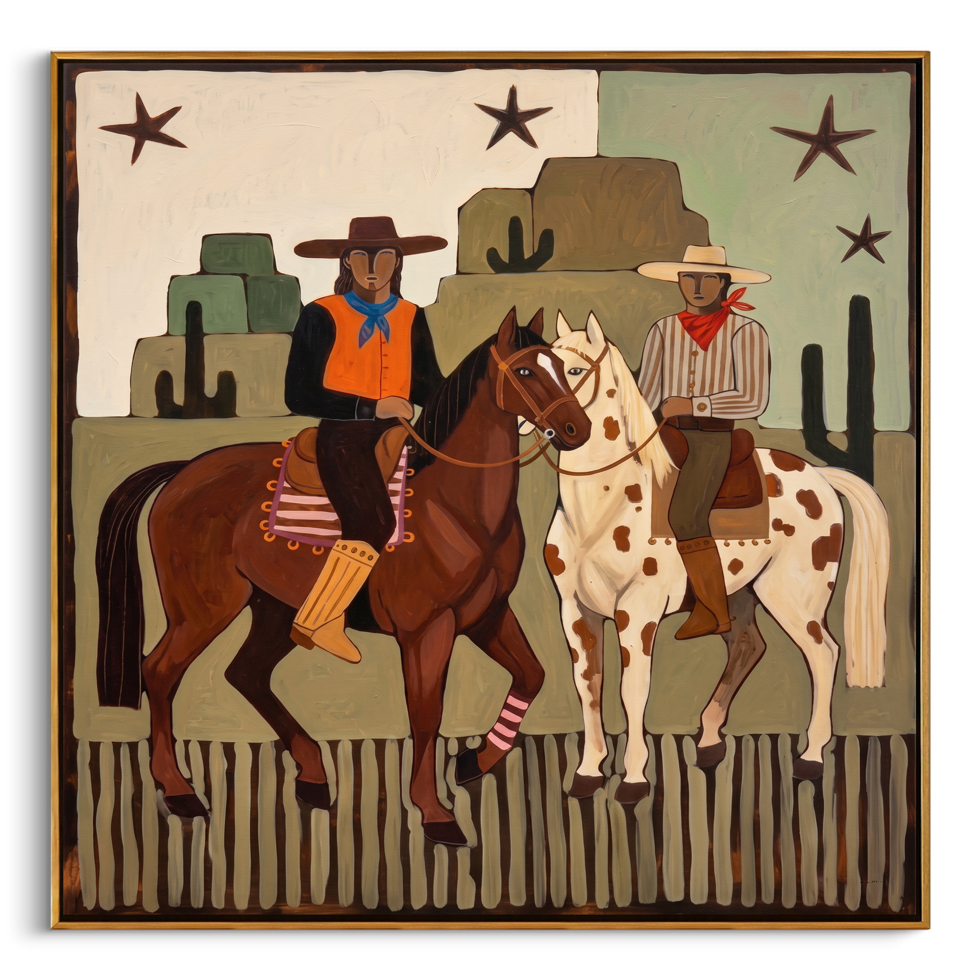 "Dual Frontier Riders" – Modern Heavy Impasto Southwestern Folk Figurative | 3D Muted Sage & Rust Ochre Palette Knife Painting | Luxury Square Wall Art #PT 563