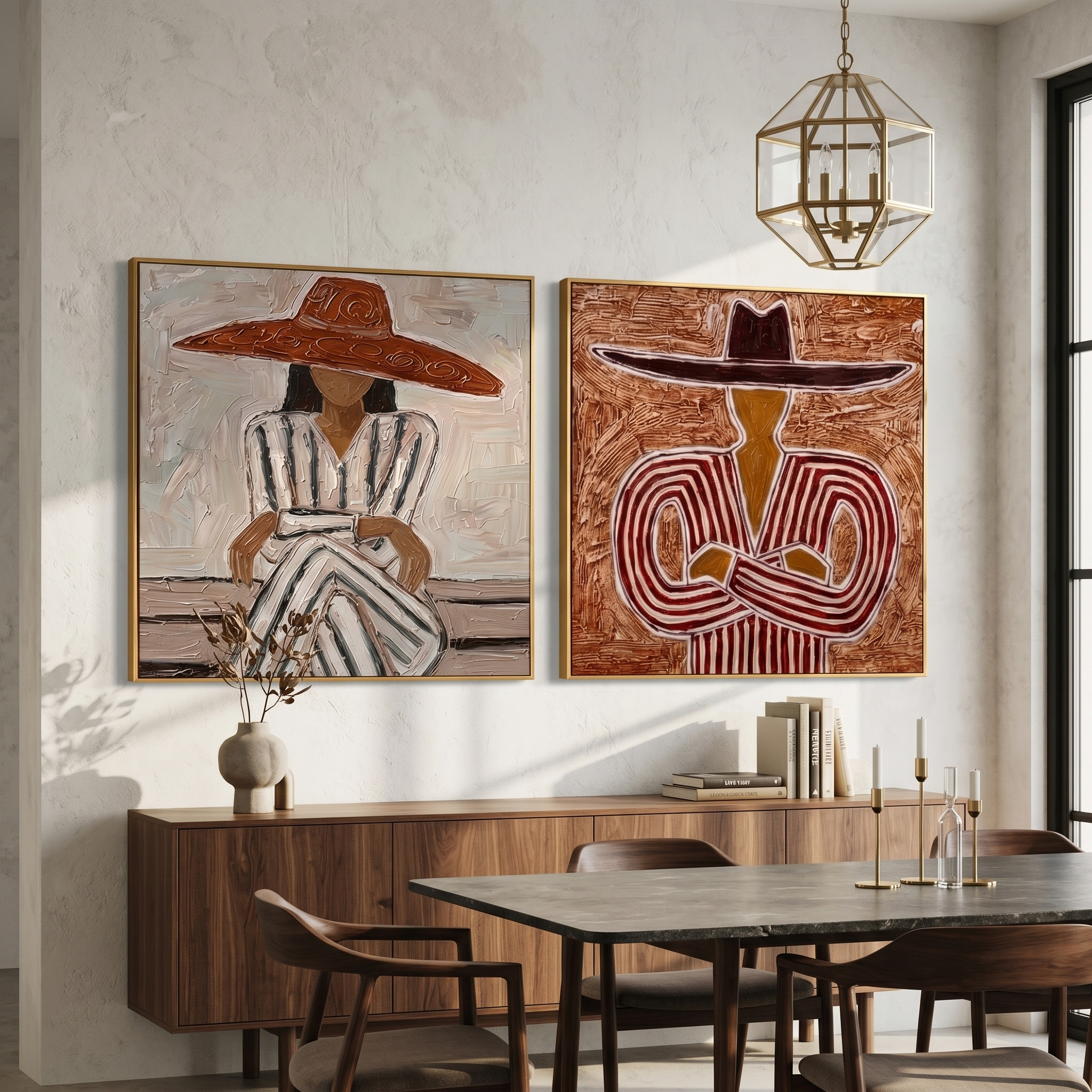 "Striped Hat Couple Diptych" – Modern Heavy Impasto Stylized Figurative | 3D Terracotta Russet & Muted Taupe Palette Knife Painting | Luxury Two-Panel Square Wall Art Set #PE 528
