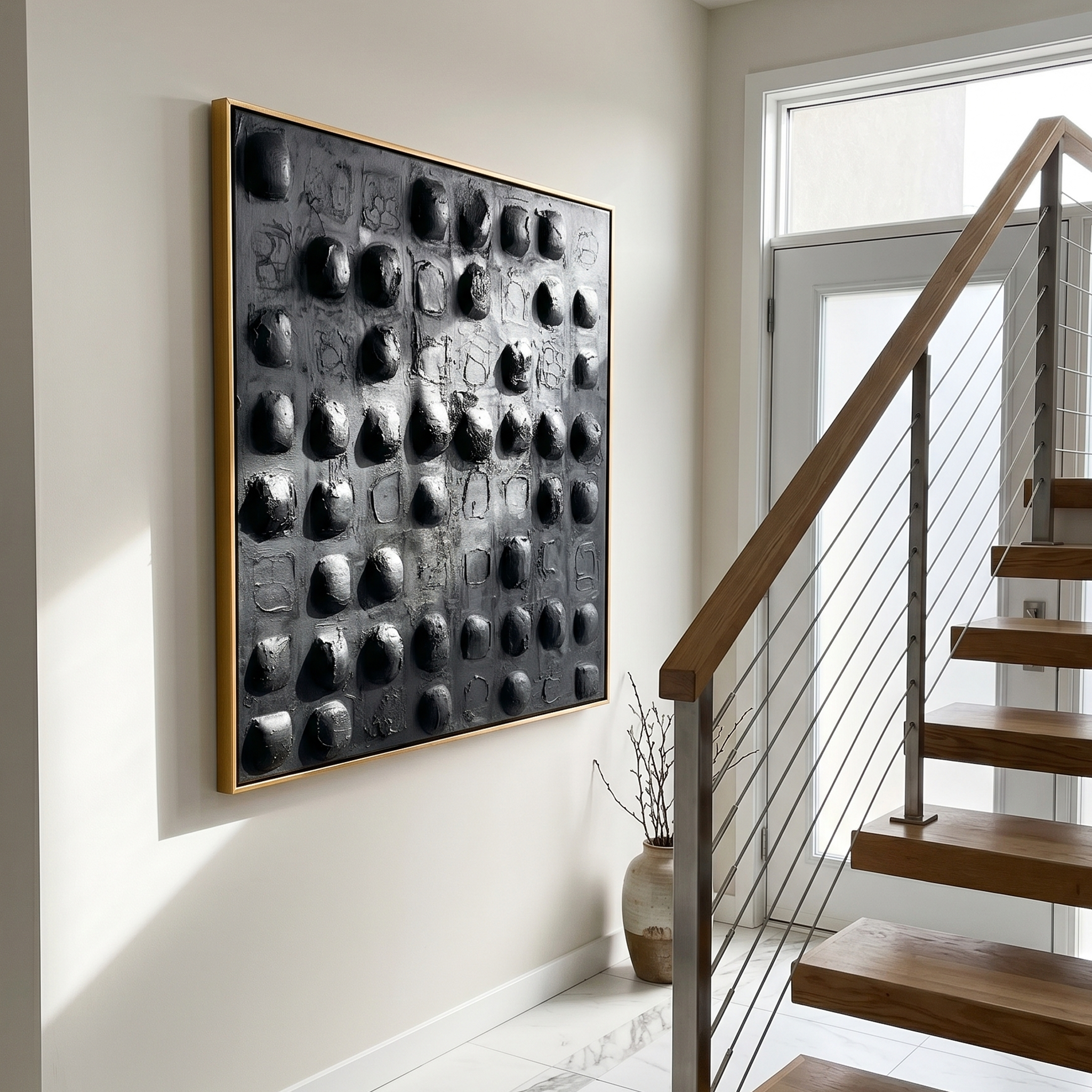 "Obsidian Pulse" – Dark Minimalist 3D Matrix Relief | Hand-Textured Carbon-Black Abstract Painting for Luxury Interiors #WS 233
