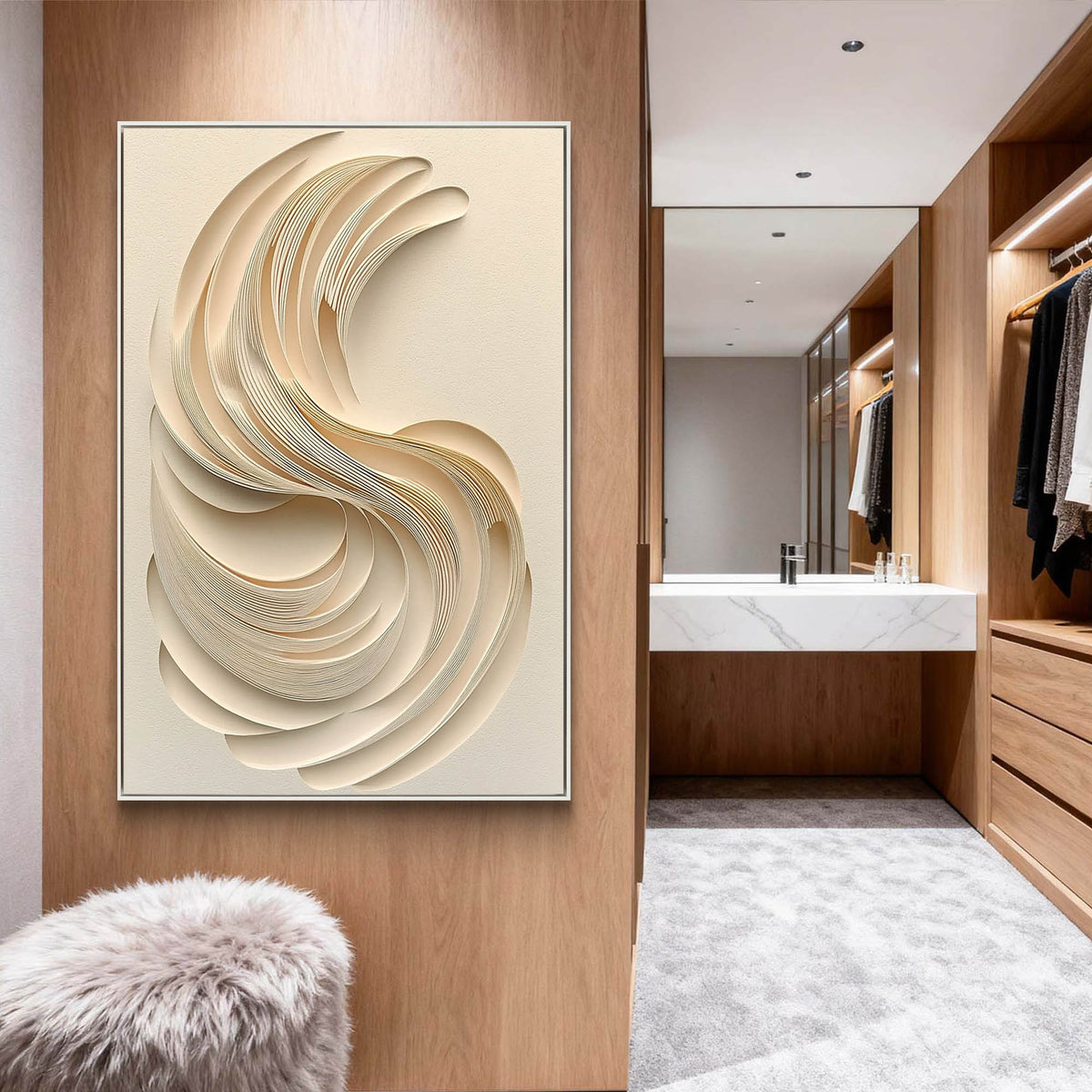 This hand-crafted 3D abstract wall art features layered wave-like relief in soft off-white and beige tones. The dimensional surface catches light naturally, creating a calm architectural statement for living rooms, bedrooms, hallways, villas, hotels, and minimalist spaces.