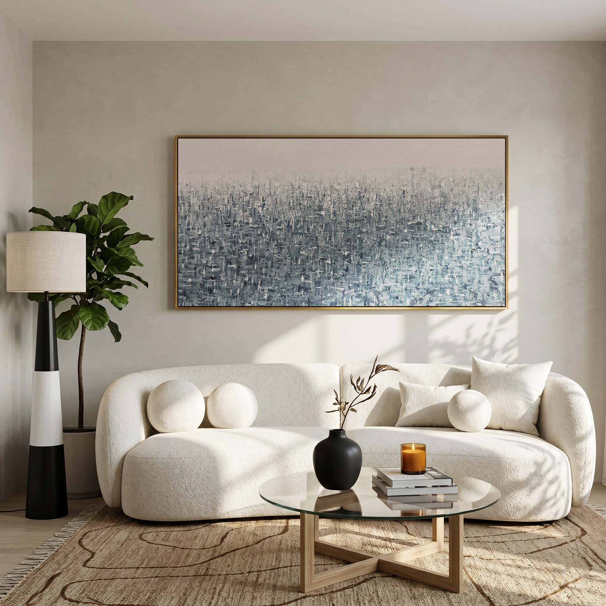 "Cyber Matrix" – Modern Minimalist 3D Heavy Impasto Abstract | Frosted Silver Gray Horizontal Statement Art #MI189