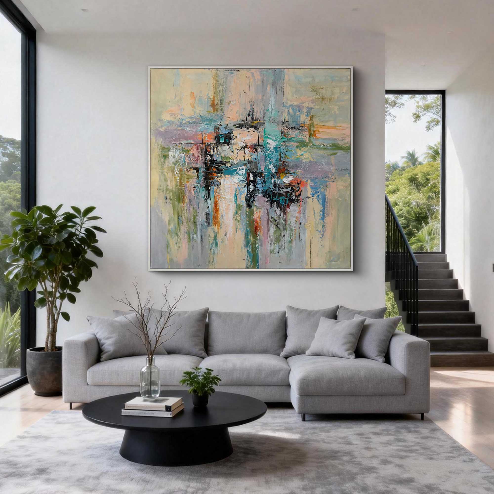 "Urban Reflection" – Modern Impressionist Waterfront Abstract | Serene Sage Green & Pastel Textured Gallery Art#AB1011