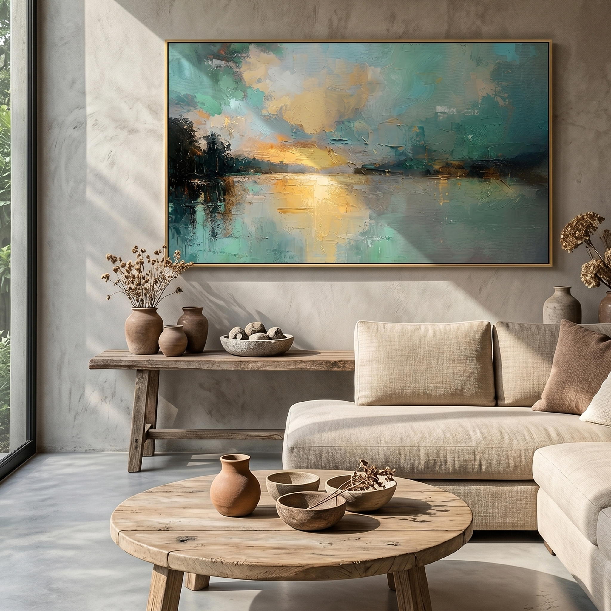 "Emerald Dawn" – Modern Impressionist Lake Seascape | Ethereal Teal & Gold Horizontal Gallery Wall Art#LC151