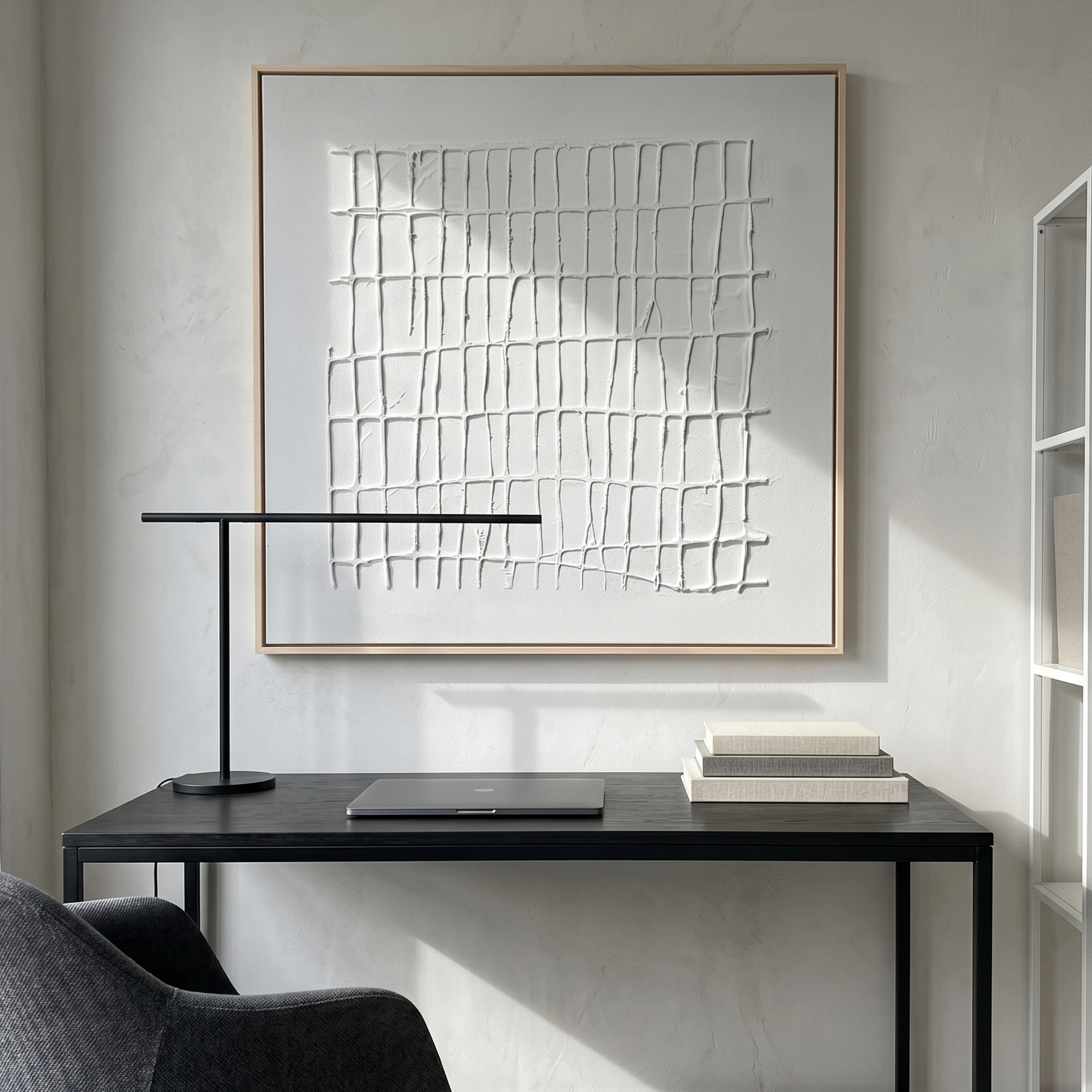 "The Lattice of Mind" – Modern Geometric Hand-Textured Relief | 3D Linear Minimalist Painting for High-End Interiors #MI187