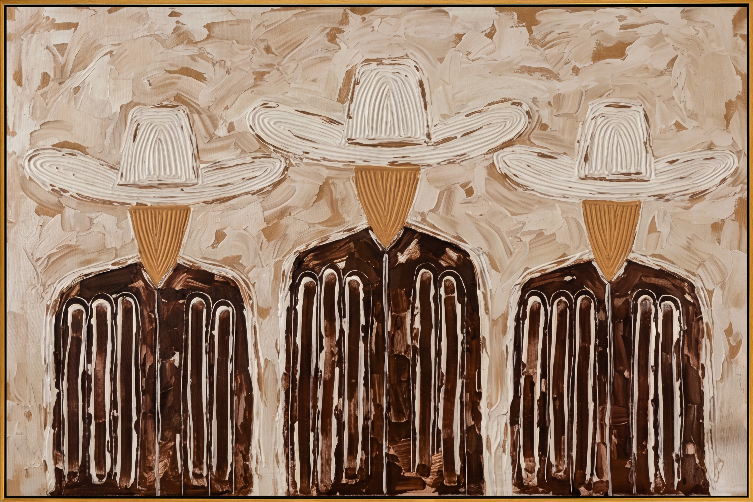 "Three Linear Ranch Cowboys" – Modern Heavy Impasto Minimal Western Figurative | 3D Warm Taupe & Coffee Brown Palette Knife Painting | Luxury Horizontal Wall Art #PE 525