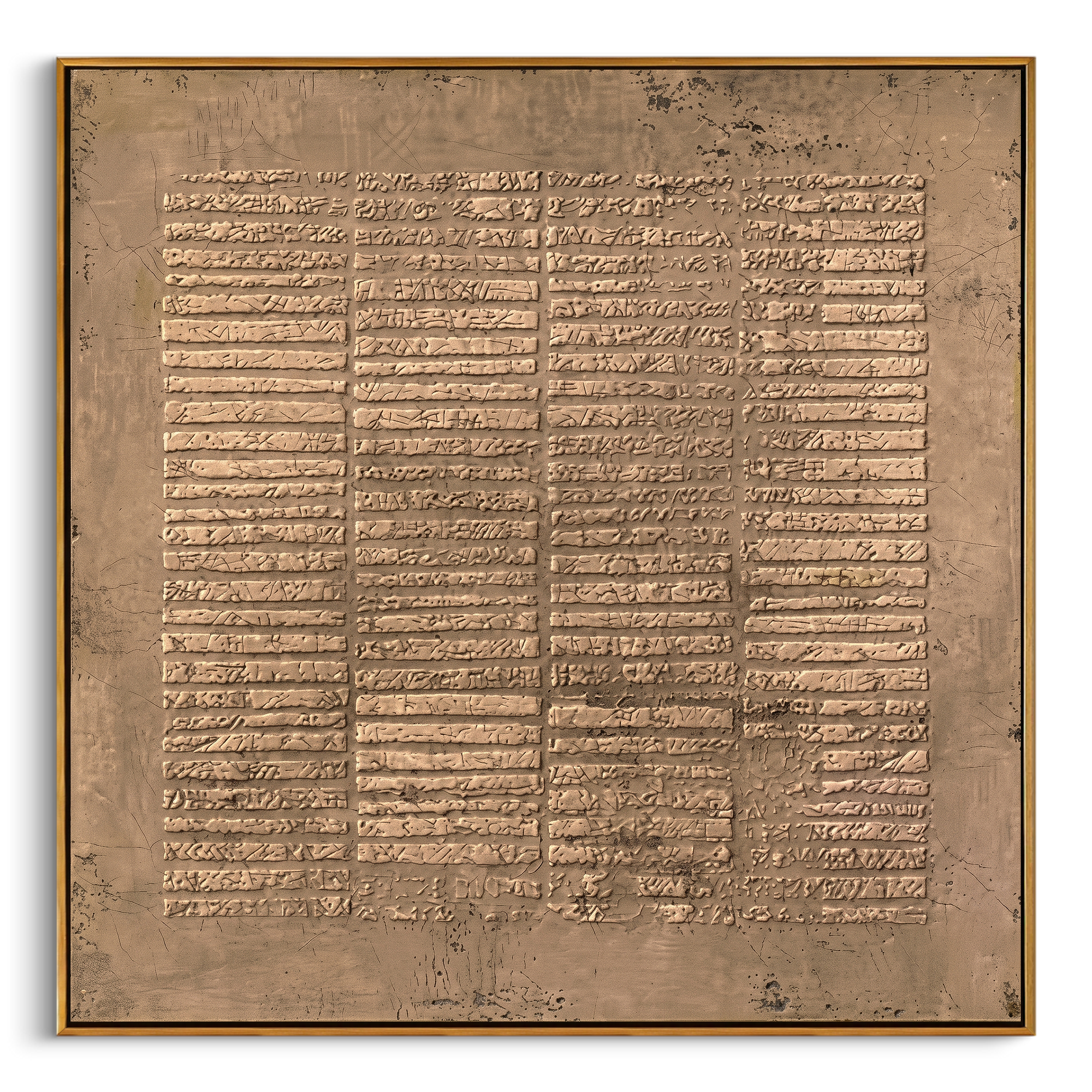 "Ancient Script Relief" – Modern Heavy Impasto Abstract Art | 3D Bronze & Beige Textured Palette Knife Painting | Luxury Square Wall Art #WS 246