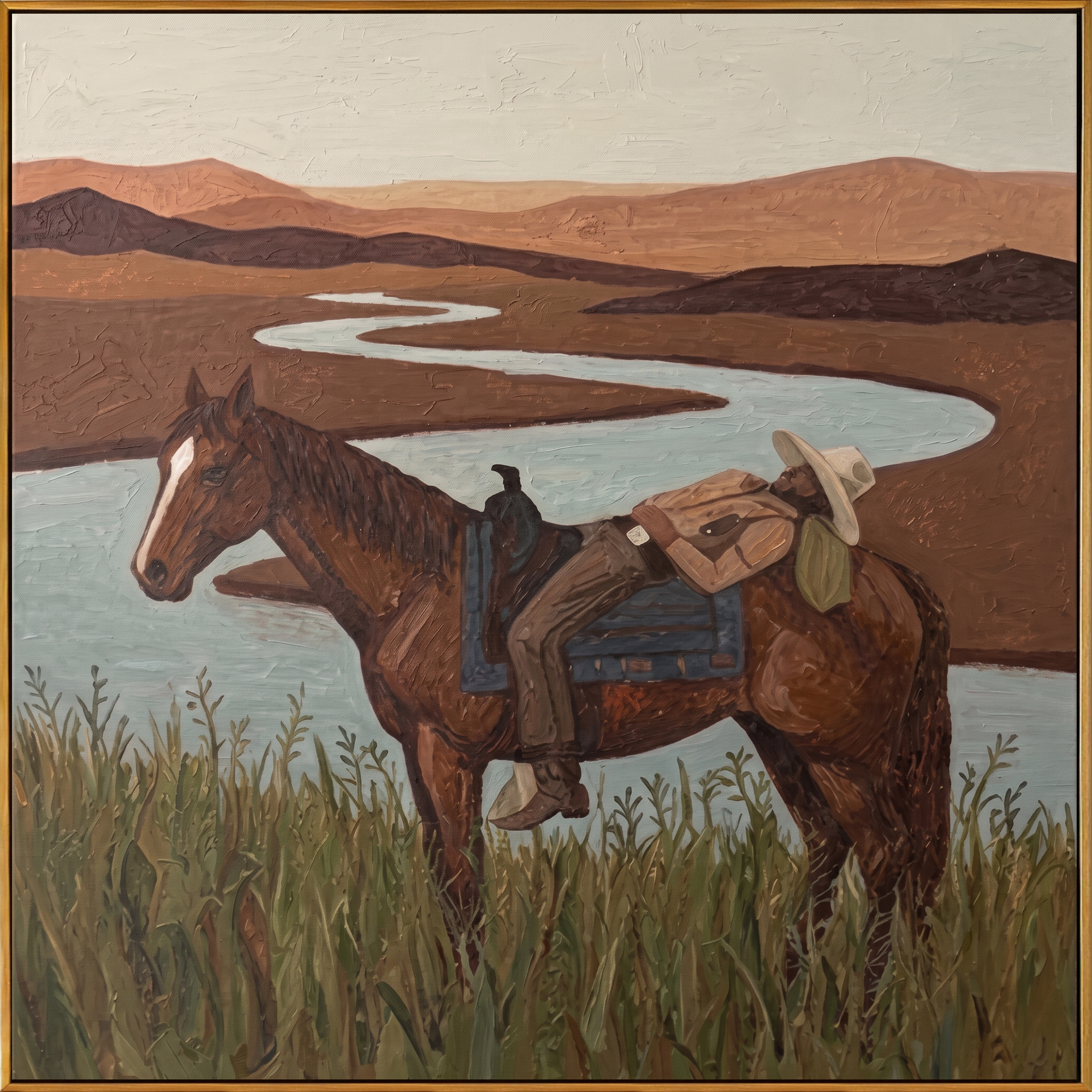 "Riverside Siesta Cowboy" – Modern Heavy Impasto Western Landscape Figurative | 3D Clay Terracotta & Muted Aqua Palette Knife Painting | Luxury Square Wall Art #PT 566
