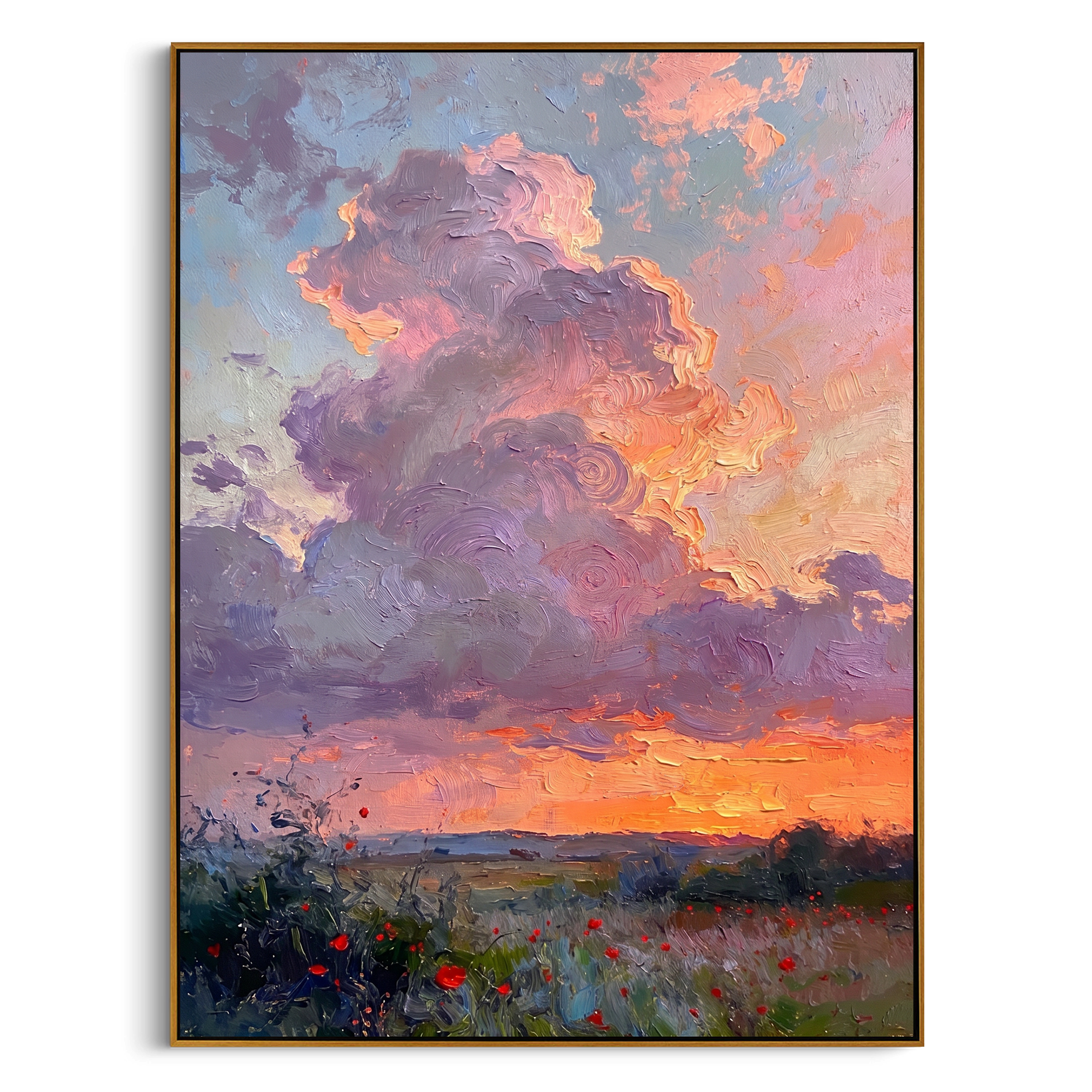 "Lavender Sunset Poppy Meadow" – Modern Heavy Impasto Impressionist Landscape | 3D Dusk Violet & Tangerine Glow Palette Knife Painting | Luxury Vertical Wall Art #PT 571
