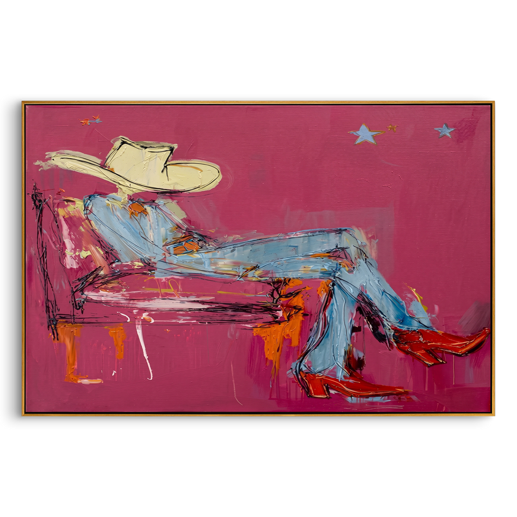 "Lounging Magenta Cowboy Sketch" – Modern Heavy Impasto Western Figurative Art | 3D Fuchsia & Denim Palette Knife Painting | Luxury Horizontal Wall Art #PT 640