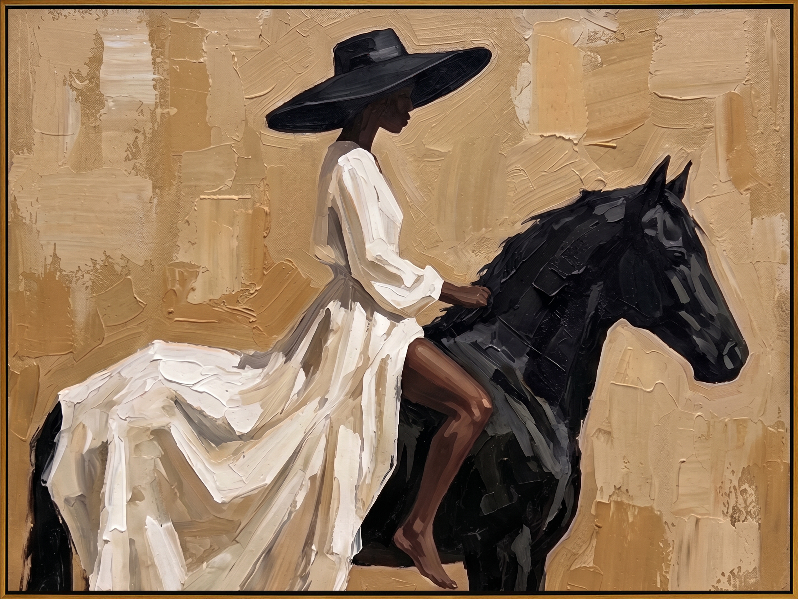 "Elegant Noir Equestrienne" – Modern Heavy Impasto Contemporary Figurative | 3D Warm Sand & Jet Black Palette Knife Painting | Luxury Horizontal Wall Art #PT 562