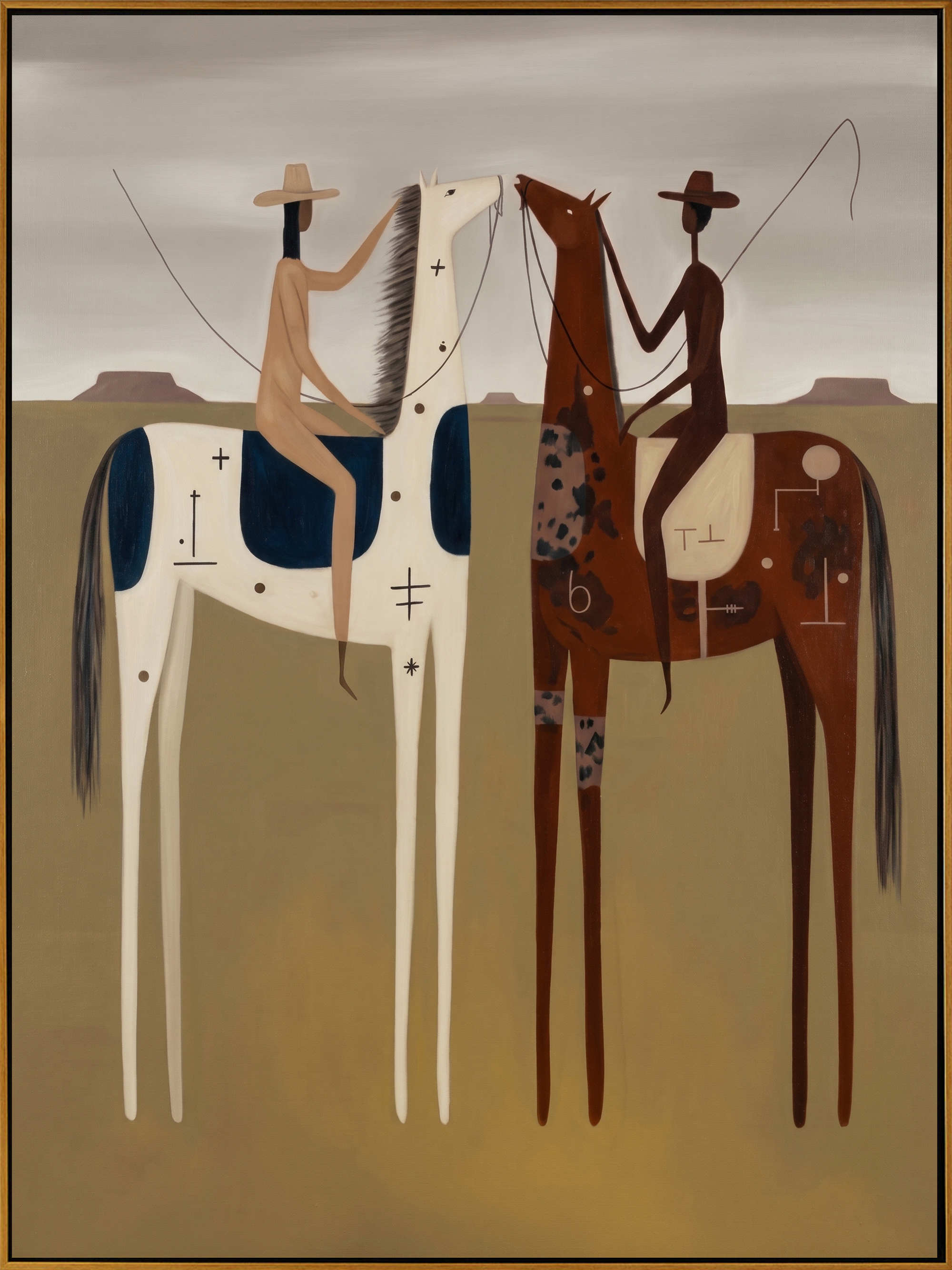 "Dual Frontier Riders" – Modern Heavy Impasto Western Figurative | 3D Clay Ochre & Navy Umber Palette Knife Painting | Luxury Vertical Wall Art #AB 506