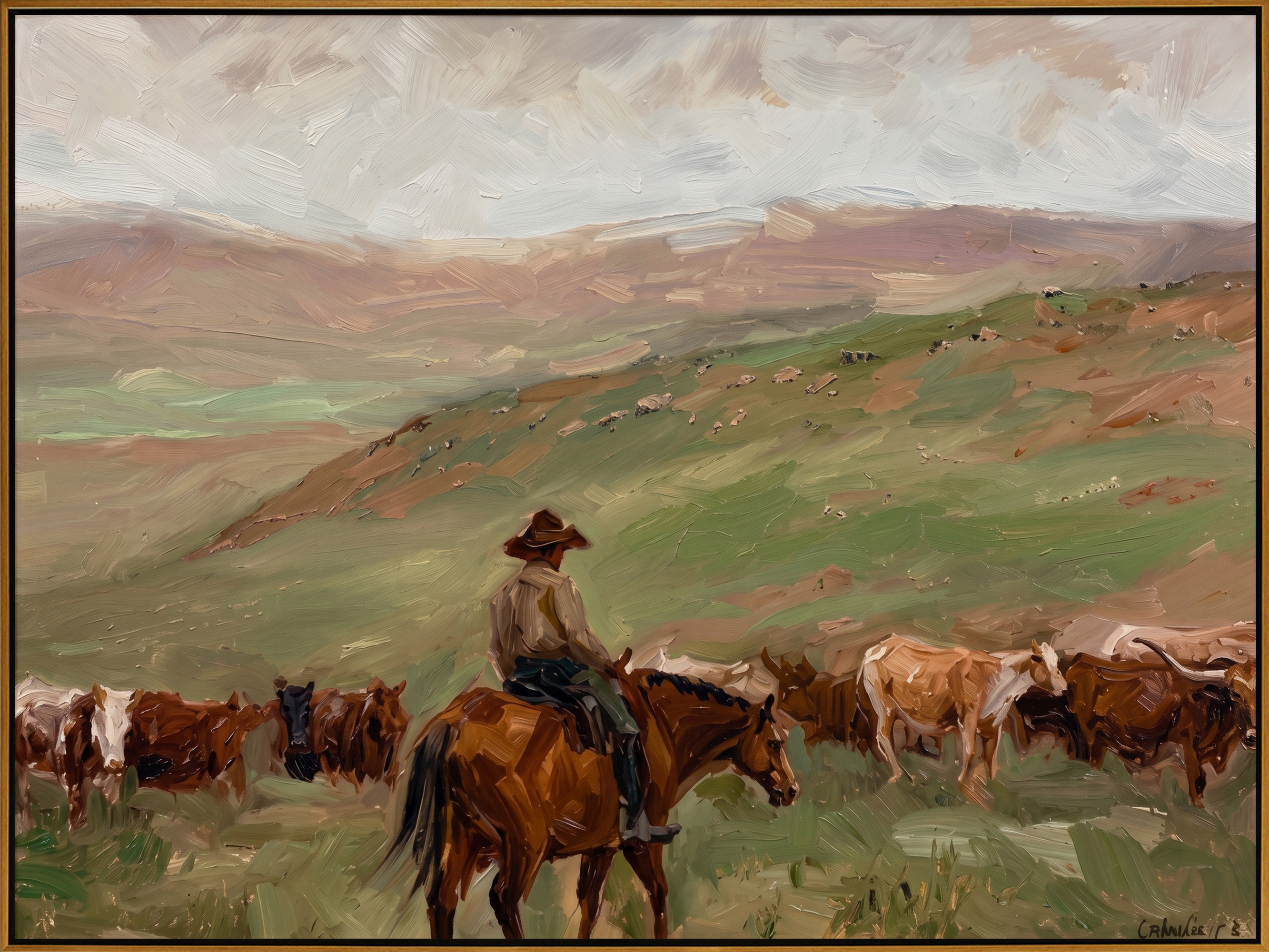 "Pasture Cattle Herder" – Modern Heavy Impasto Western Landscape Figurative | 3D Prairie Green & Rust Terracotta Palette Knife Painting | Luxury Horizontal Wall Art #PT 561