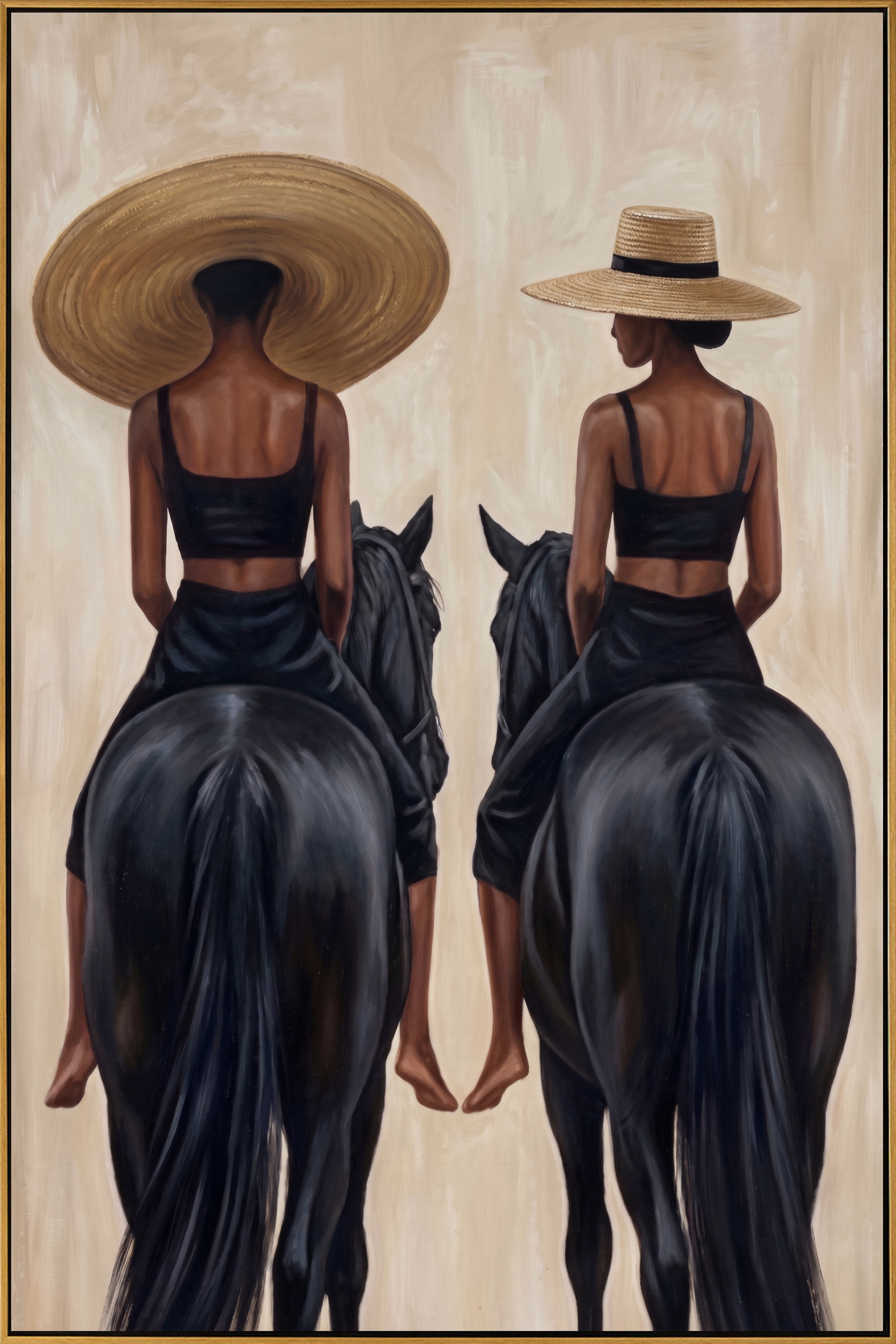 "Two Riders at Dawn" – Modern Heavy Impasto Figurative Art | 3D Raffia & Noir Palette Knife Painting | Luxury Vertical Wall Art #PT 556