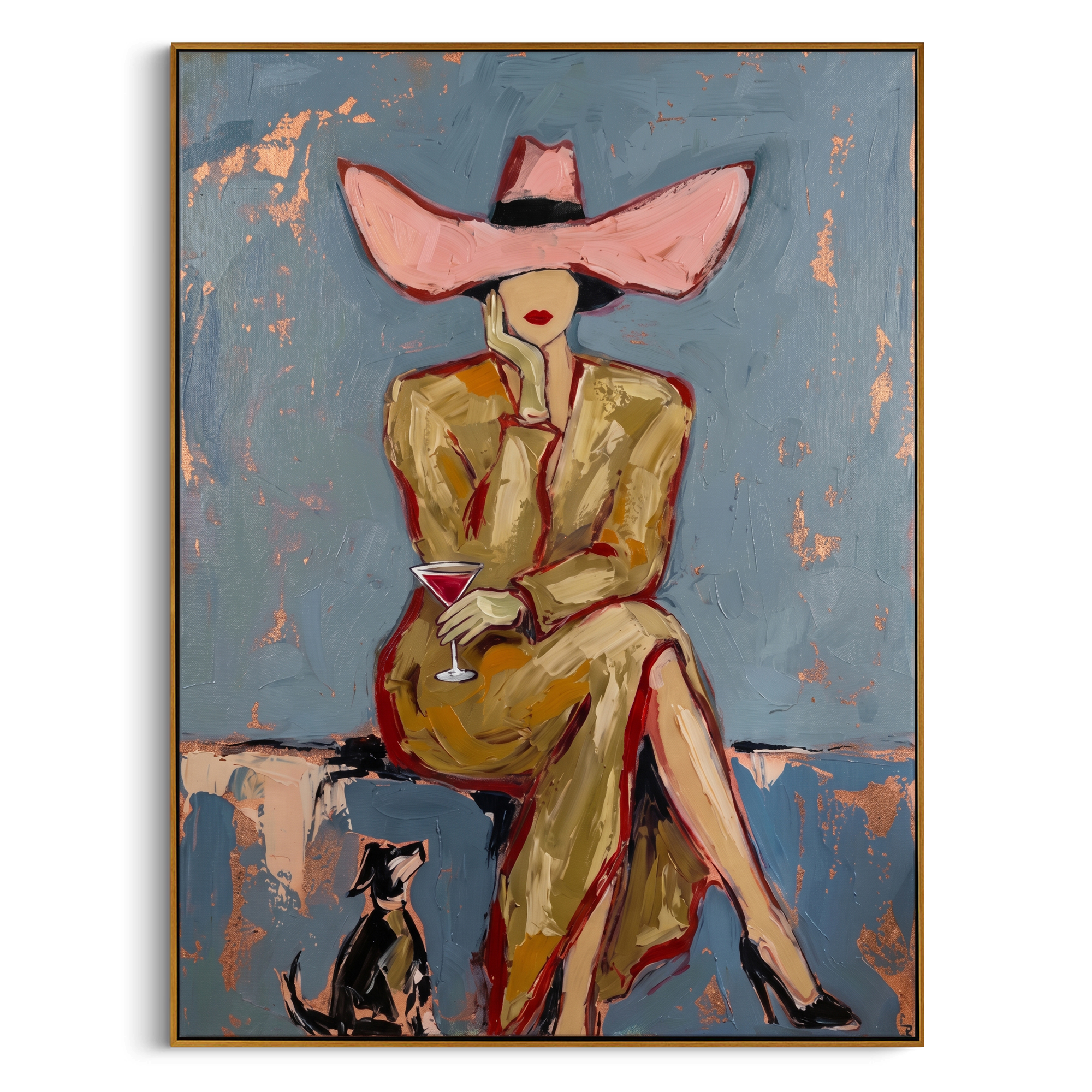 "Retro Elegance: Woman in Pink Hat" – Stylized Impasto Portrait | Sophisticated Neutral & Gold Accent Wall Decor | Contemporary Vertical Statement Piece #PE 507