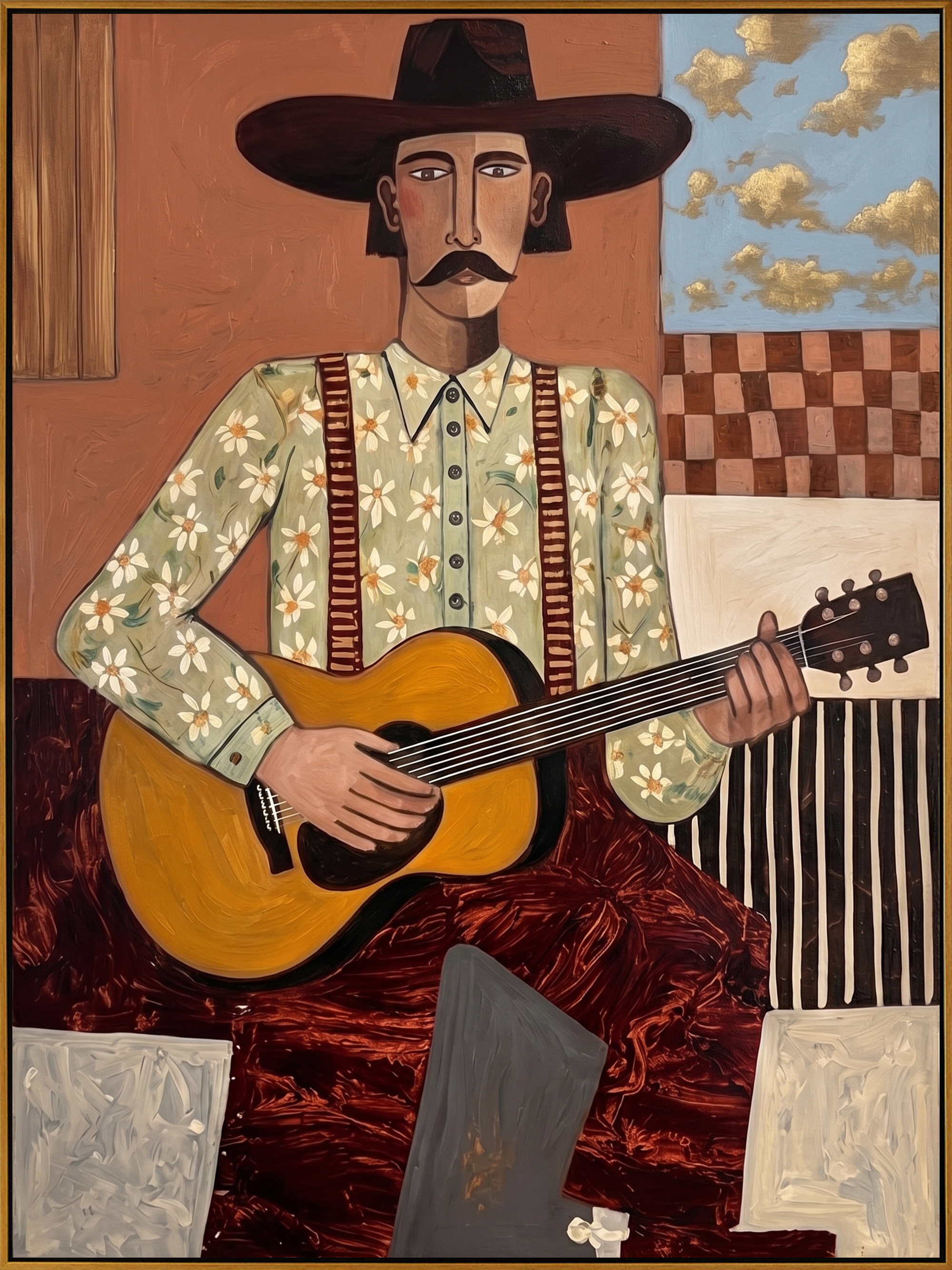 "The Western Guitarist" – Modern Folk Impasto Portrait | 3D Terracotta & Gold Palette Knife Painting | Luxury Vertical Wall Art #PE 506