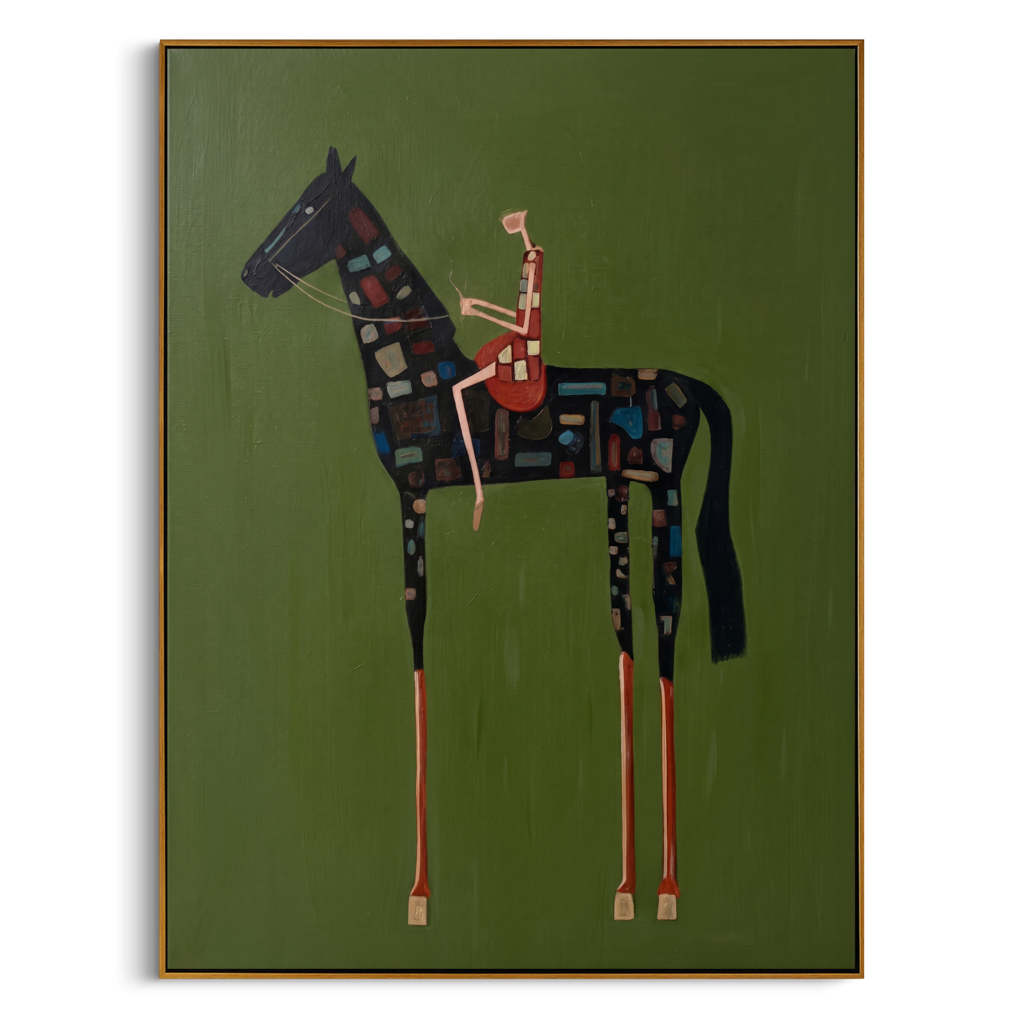 "Mosaic Patchwork Equestrian" – Modern Heavy Impasto Folk Figurative | 3D Moss Green & Multicolored Mosaic Palette Knife Painting | Luxury Square Wall Art #AB 512