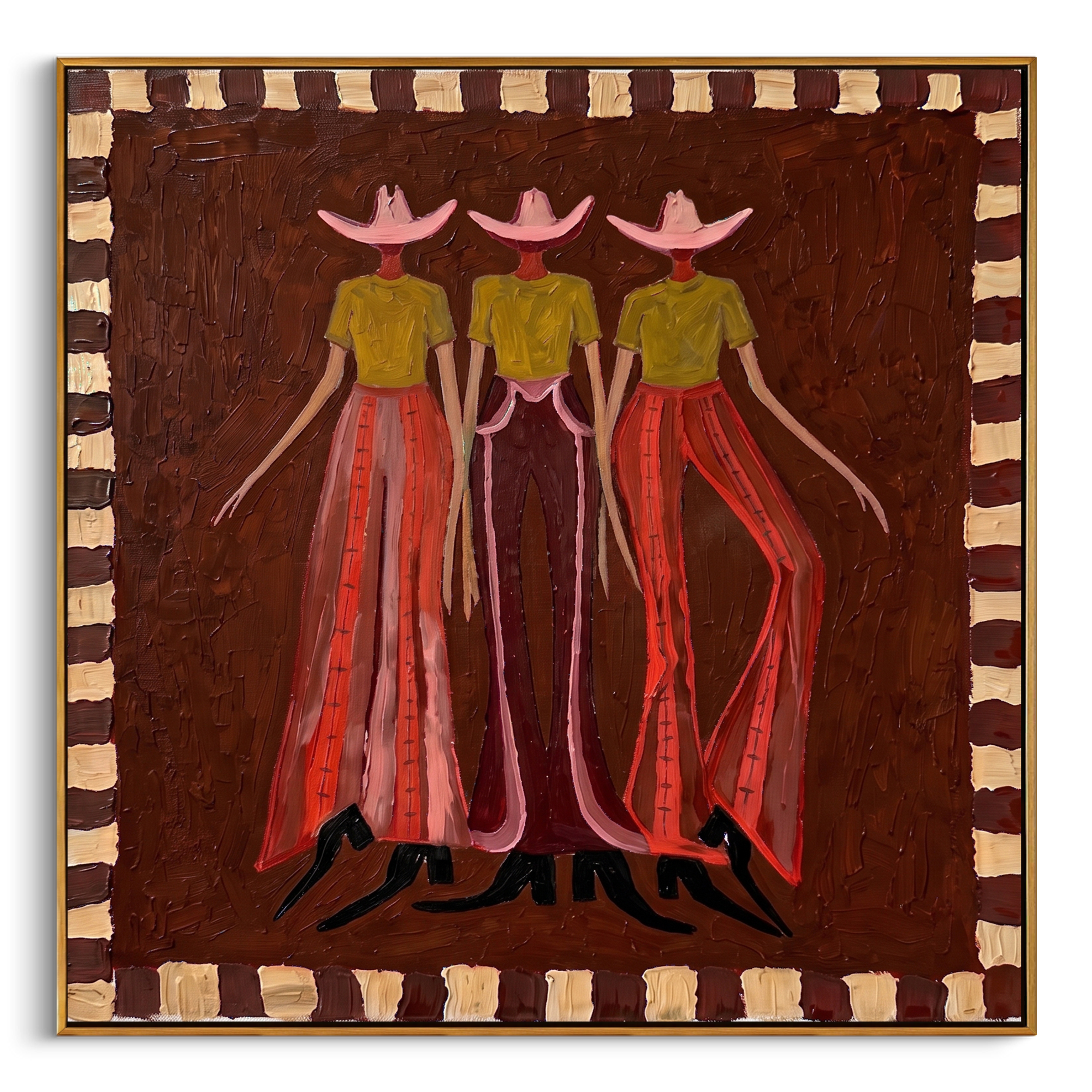"Trio Retro Cowgirl Figures" – Modern Heavy Impasto Folk Western Figurative | 3D Cocoa Umber & Blush Terracotta Palette Knife Painting | Luxury Square Wall Art #AB 524