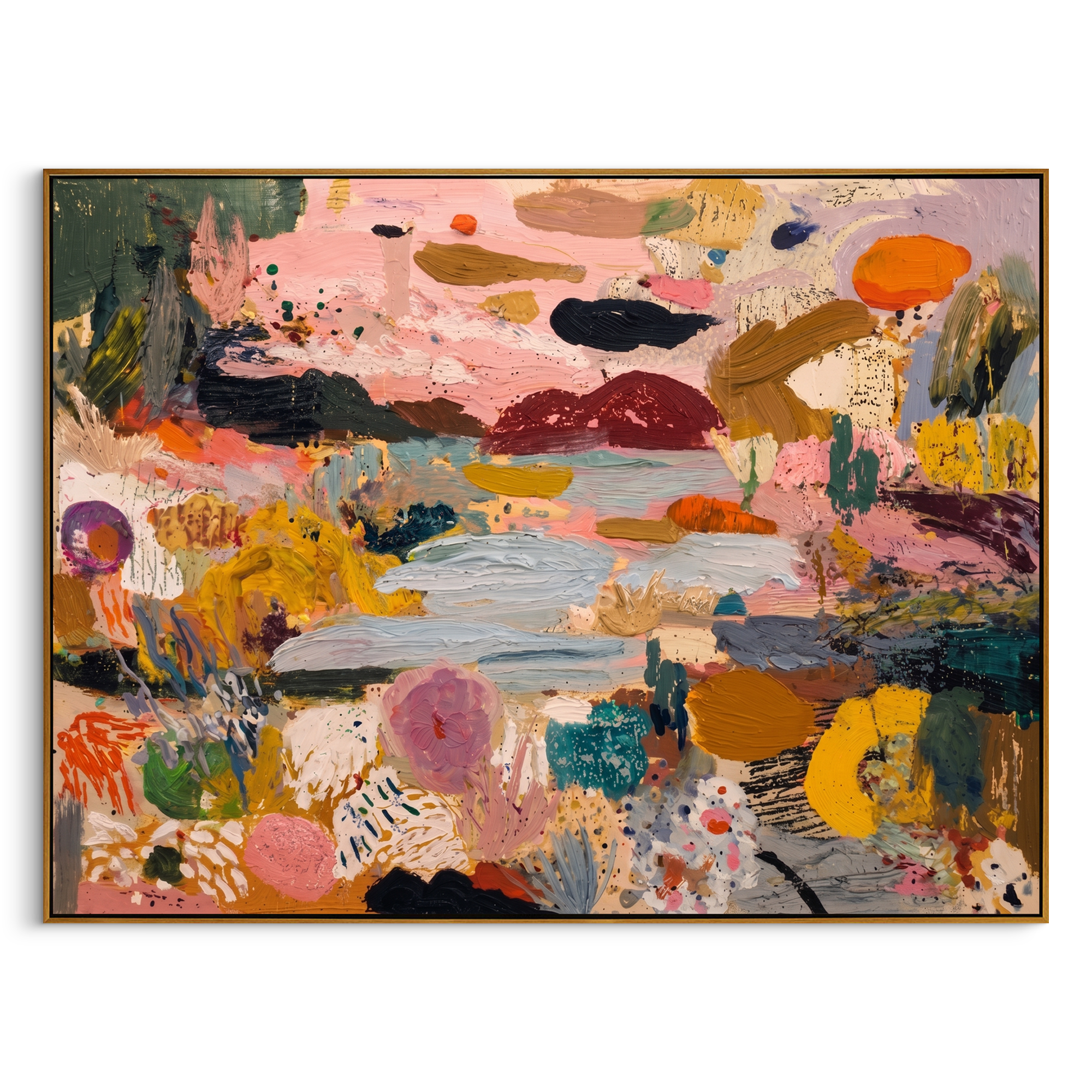 "Blooming River Garden" - Modern Heavy Impasto Abstract Landscape | Colorful Pink & Ochre Palette Knife Painting | Luxury Horizontal Wall Art #PT 594