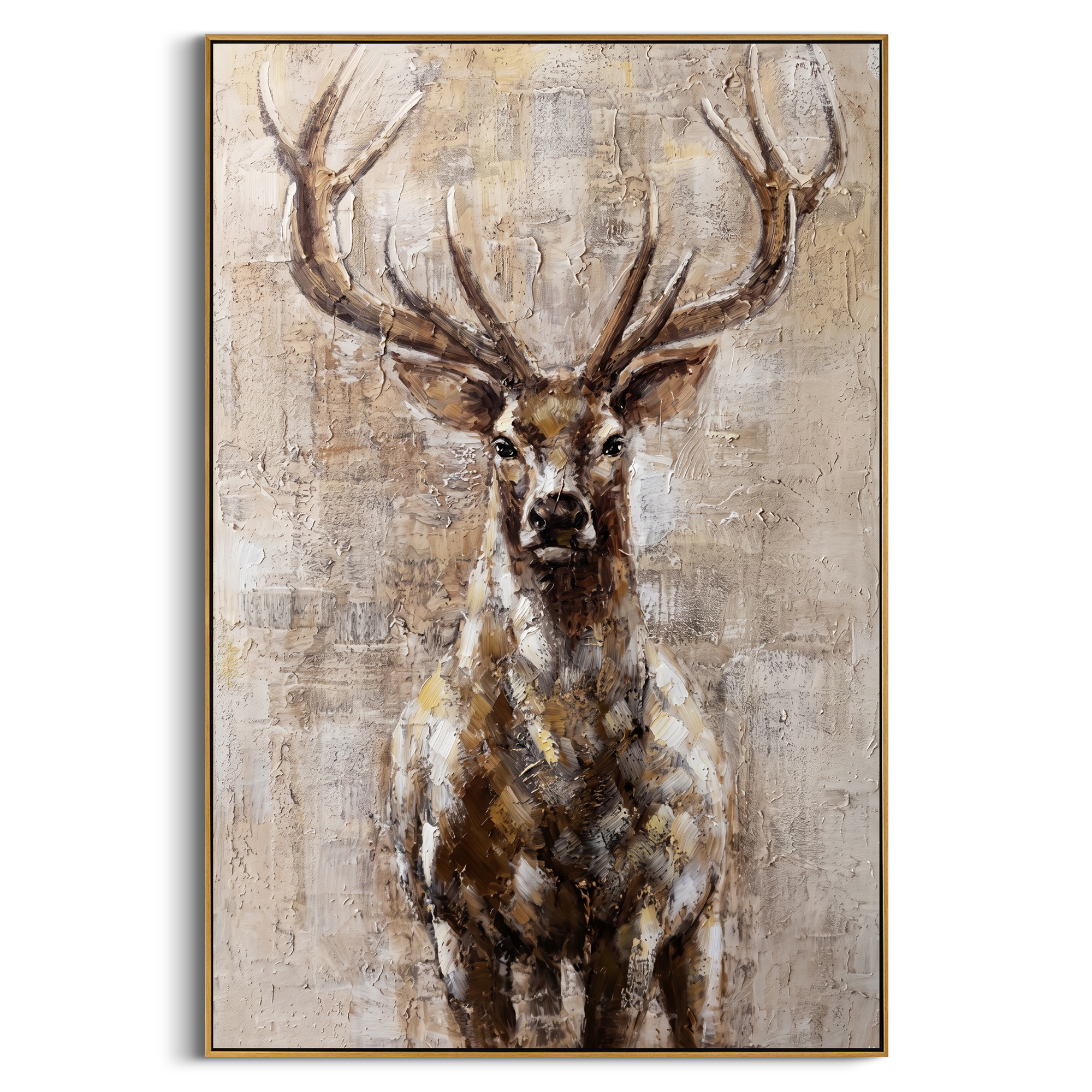"Majestic Textured Stag Portrait" – Modern Heavy Impasto Wildlife Figurative | 3D Sepia Bronze & Warm Beige Palette Knife Painting | Luxury Vertical Wall Art #AN 152