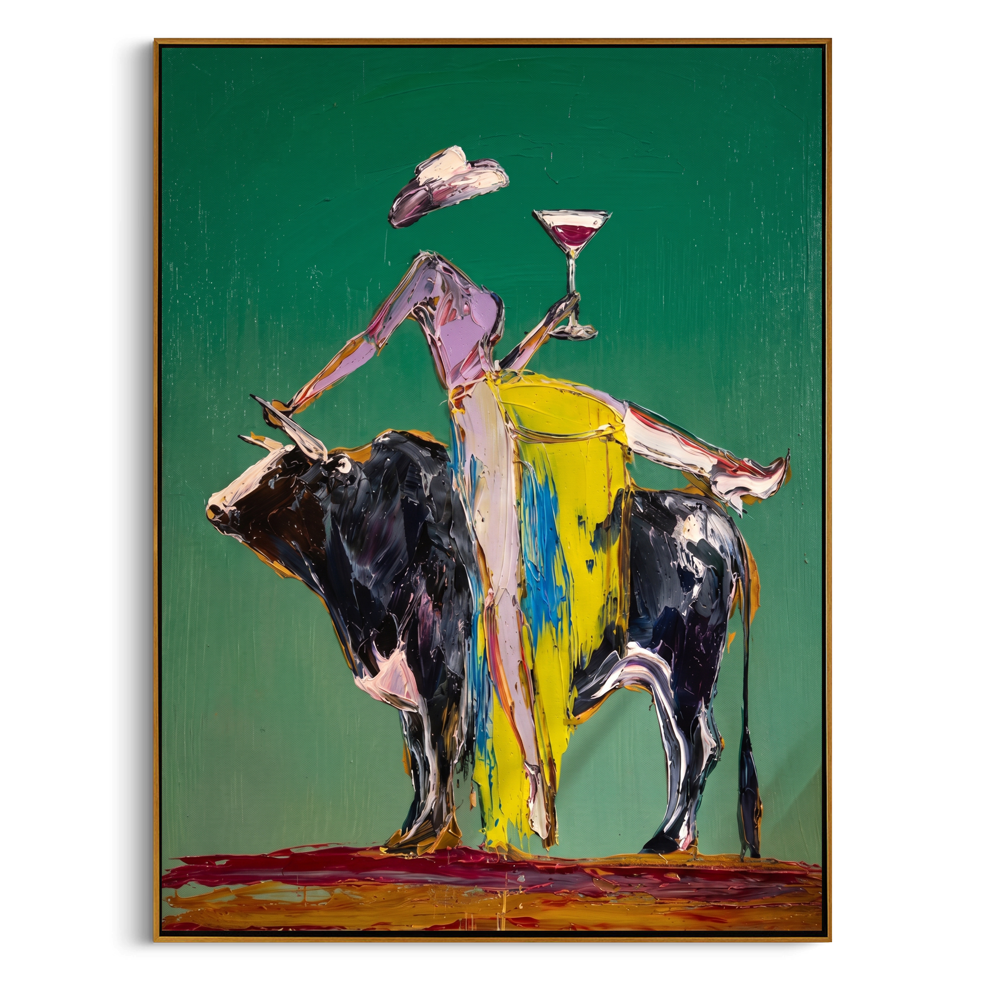 "Cocktail & The Bull" – Modern Heavy Impasto Abstract Figurative Art | 3D Emerald & Citrus Palette Knife Painting | Luxury Vertical Wall Art #AB 497