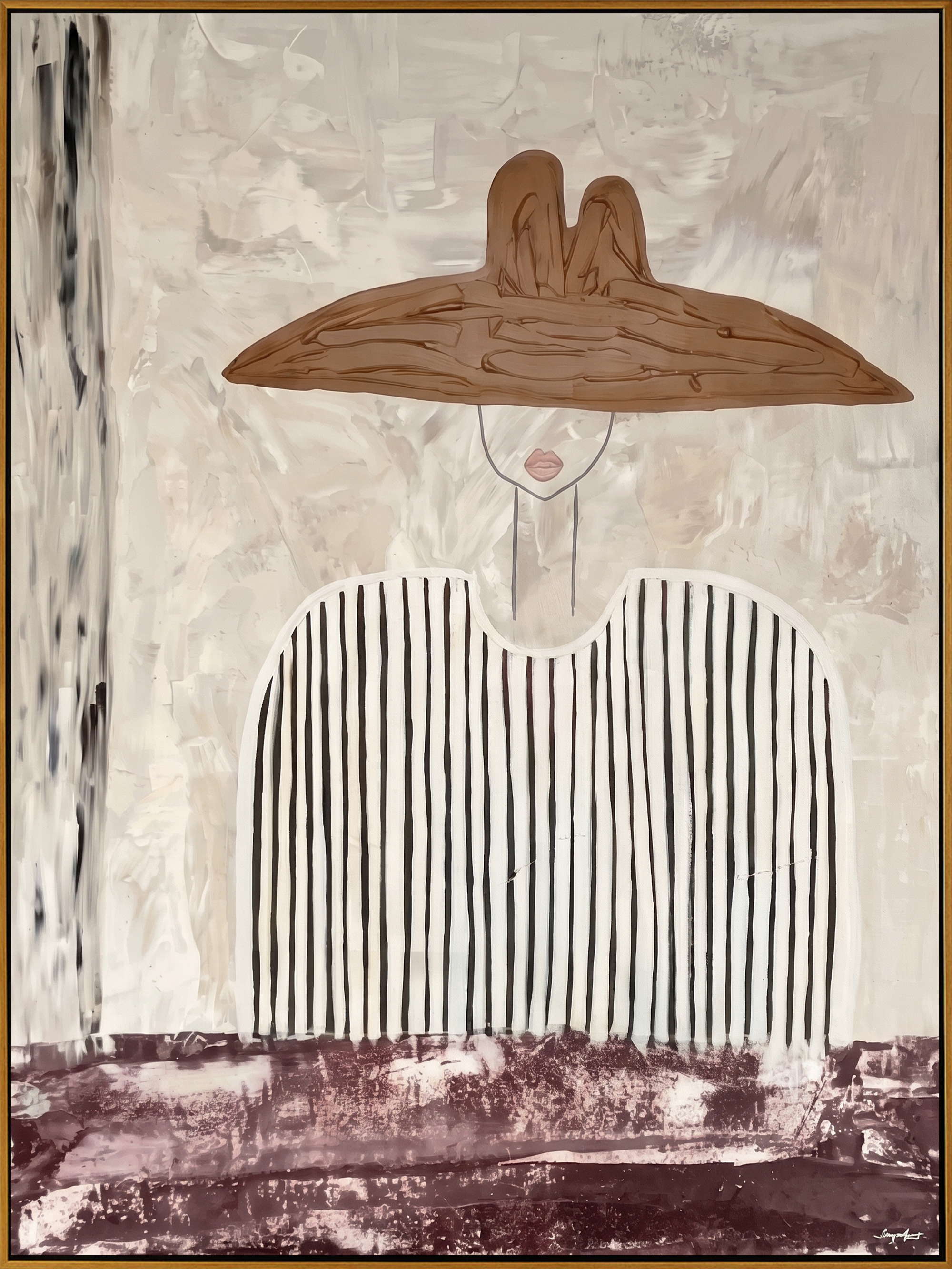 "Neutral Elegance with the Wide Brim" – Expressive Sculptural Art | 3D Layered Taupe & Plum Canvas | Luxury Vertical Wall Art #PE 512